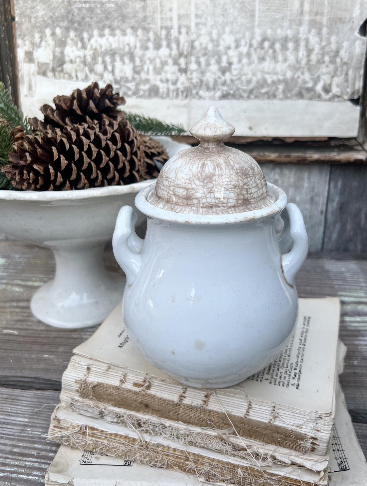 Antique White Ironstone Sugar Bowl Biscuit Jar With Lid Royal Stoneware WEDGEWOOD England Farmhouse Decor English Ironstone Crazed Stained