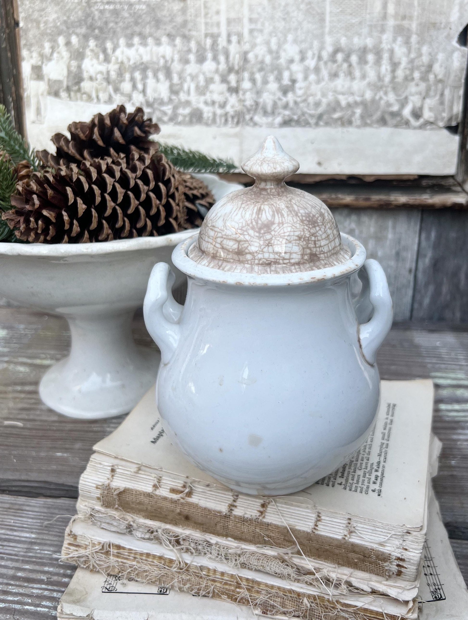 Antique White Ironstone Sugar Bowl Biscuit Jar With Lid Royal Stoneware WEDGEWOOD England Farmhouse Decor English Ironstone Crazed Stained