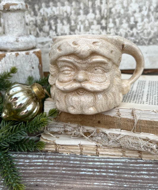 Vintage Ironstone Santa Claus Cup Mug FULL SIZE Creamy White Santa Farmhouse Christmas Decor RARE Japan Crazing Grungy Crazed