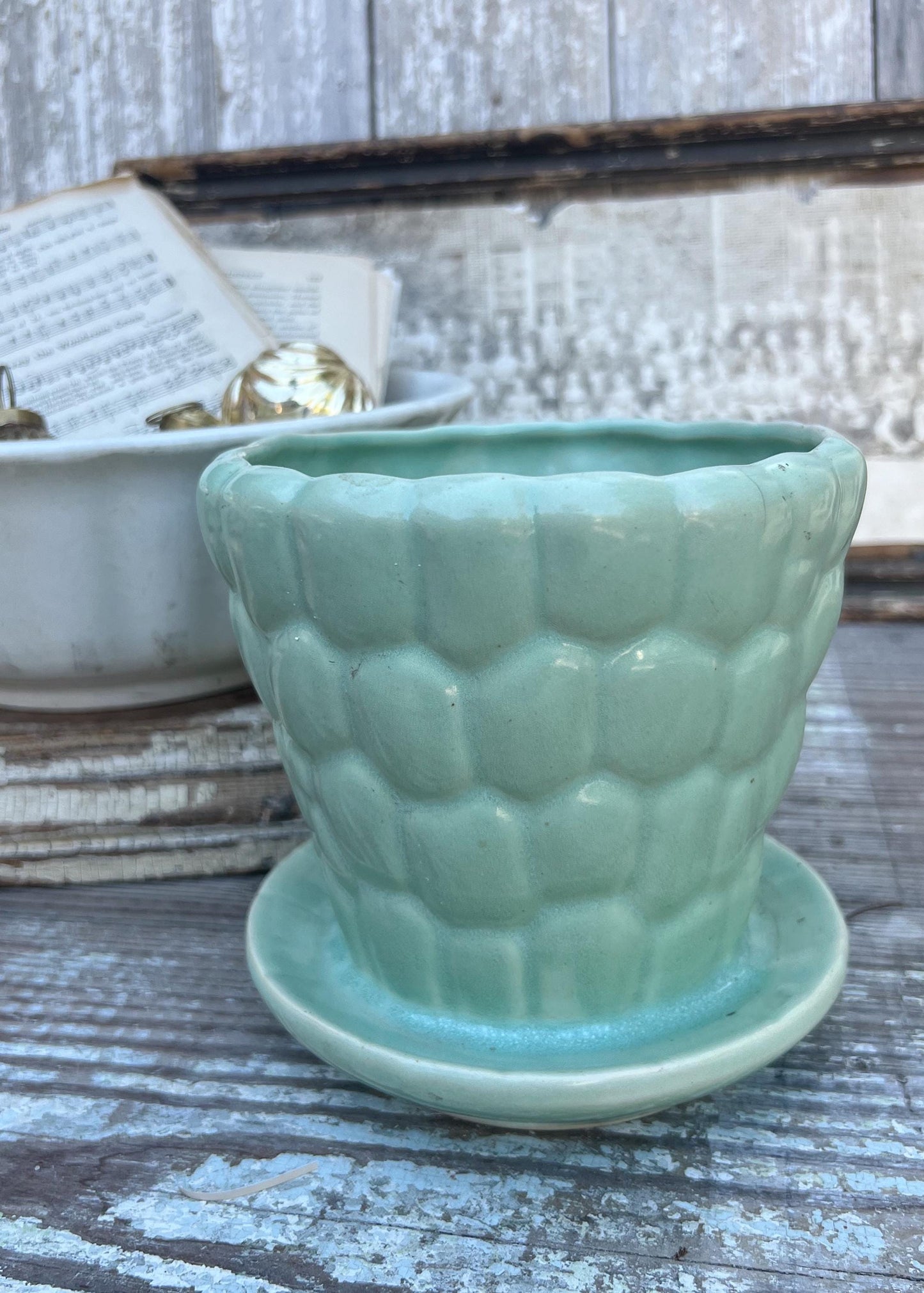 Antique GREEN BUBBLE Flower Pot With Saucer USA Planter Container Farmhouse Vintage Garden Decor Christmas