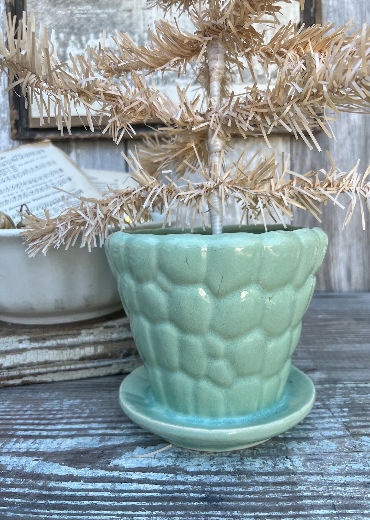 Antique GREEN BUBBLE Flower Pot With Saucer USA Planter Container Farmhouse Vintage Garden Decor Christmas