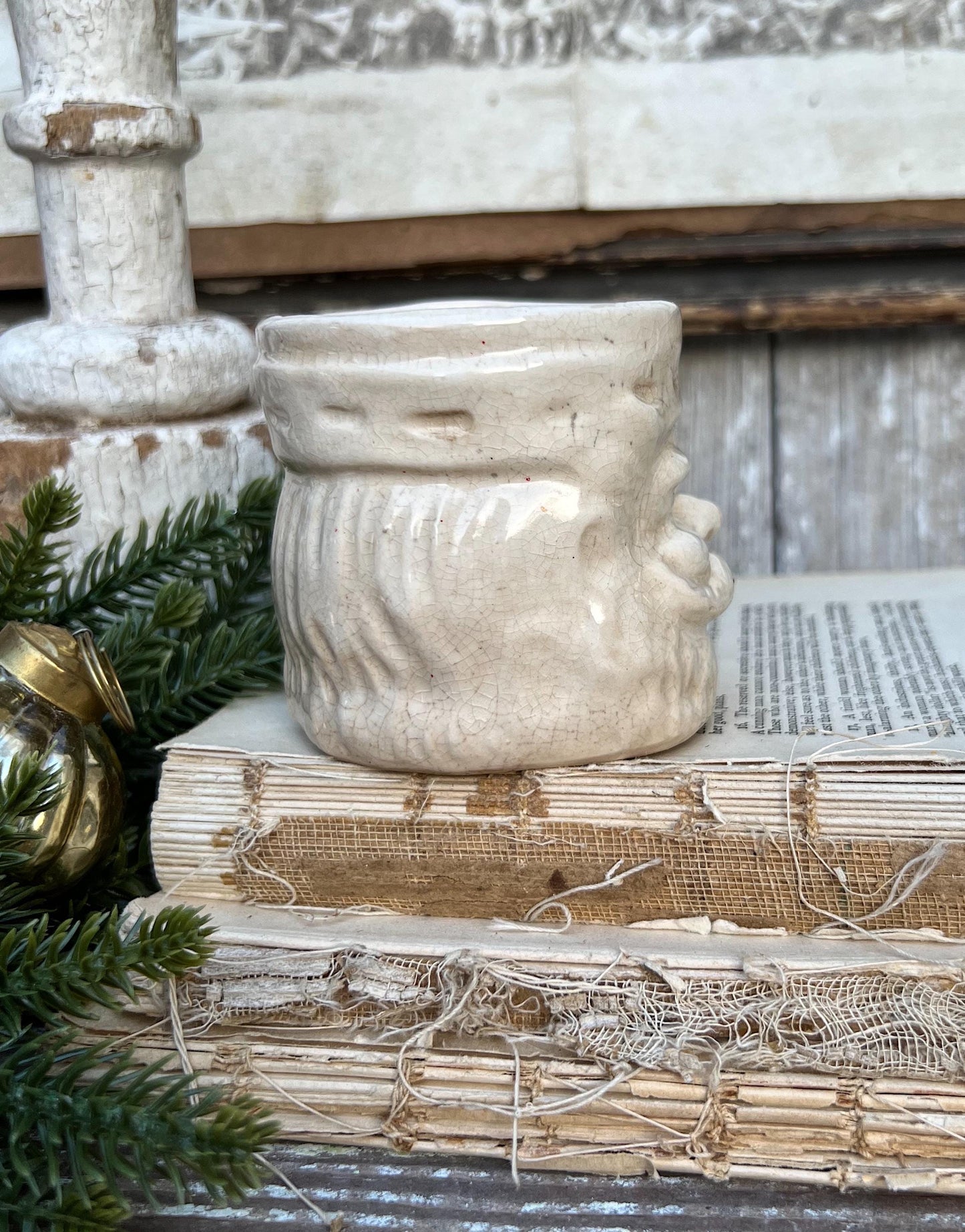 Vintage Ironstone Santa Claus Cup Mug FULL SIZE Creamy White Santa Farmhouse Christmas Decor RARE Japan Crazing Grungy Heavily Crazed