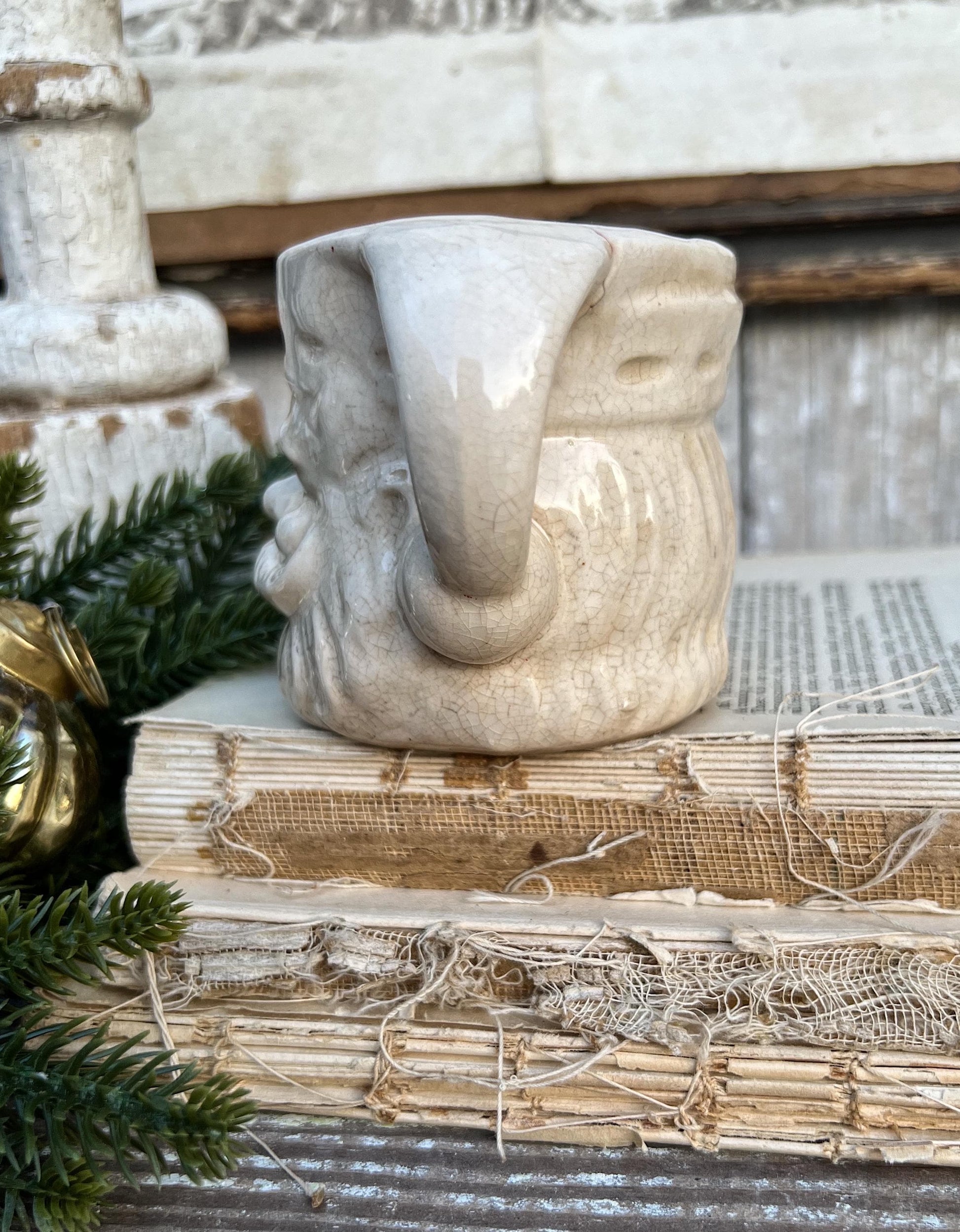 Vintage Ironstone Santa Claus Cup Mug FULL SIZE Creamy White Santa Farmhouse Christmas Decor RARE Japan Crazing Grungy Heavily Crazed