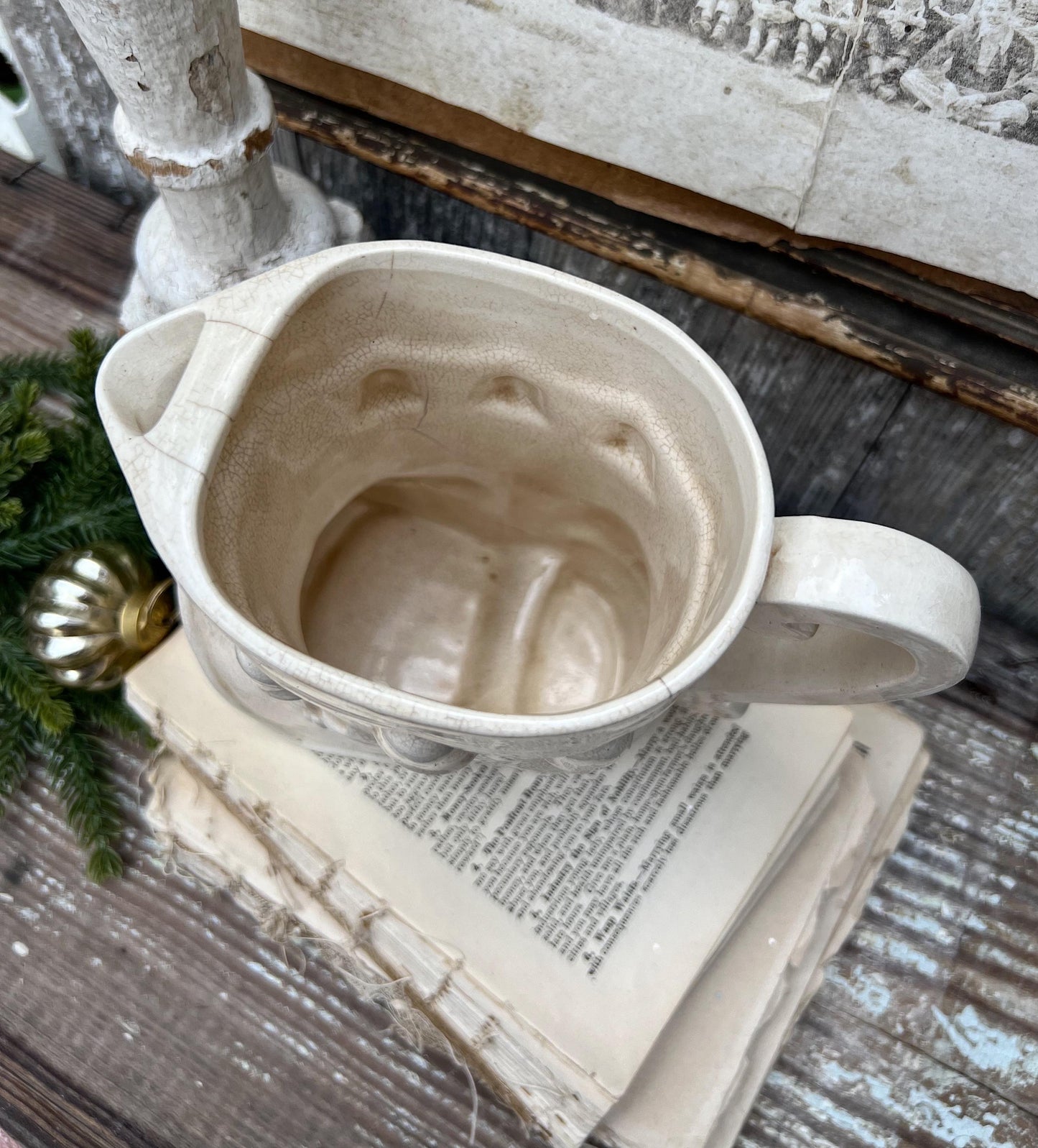 Vintage Ironstone Santa Claus ELF BOOT PITCHER Creamy White Santa Face Farmhouse Christmas Decor Paintless Grungy Crazing Crazed