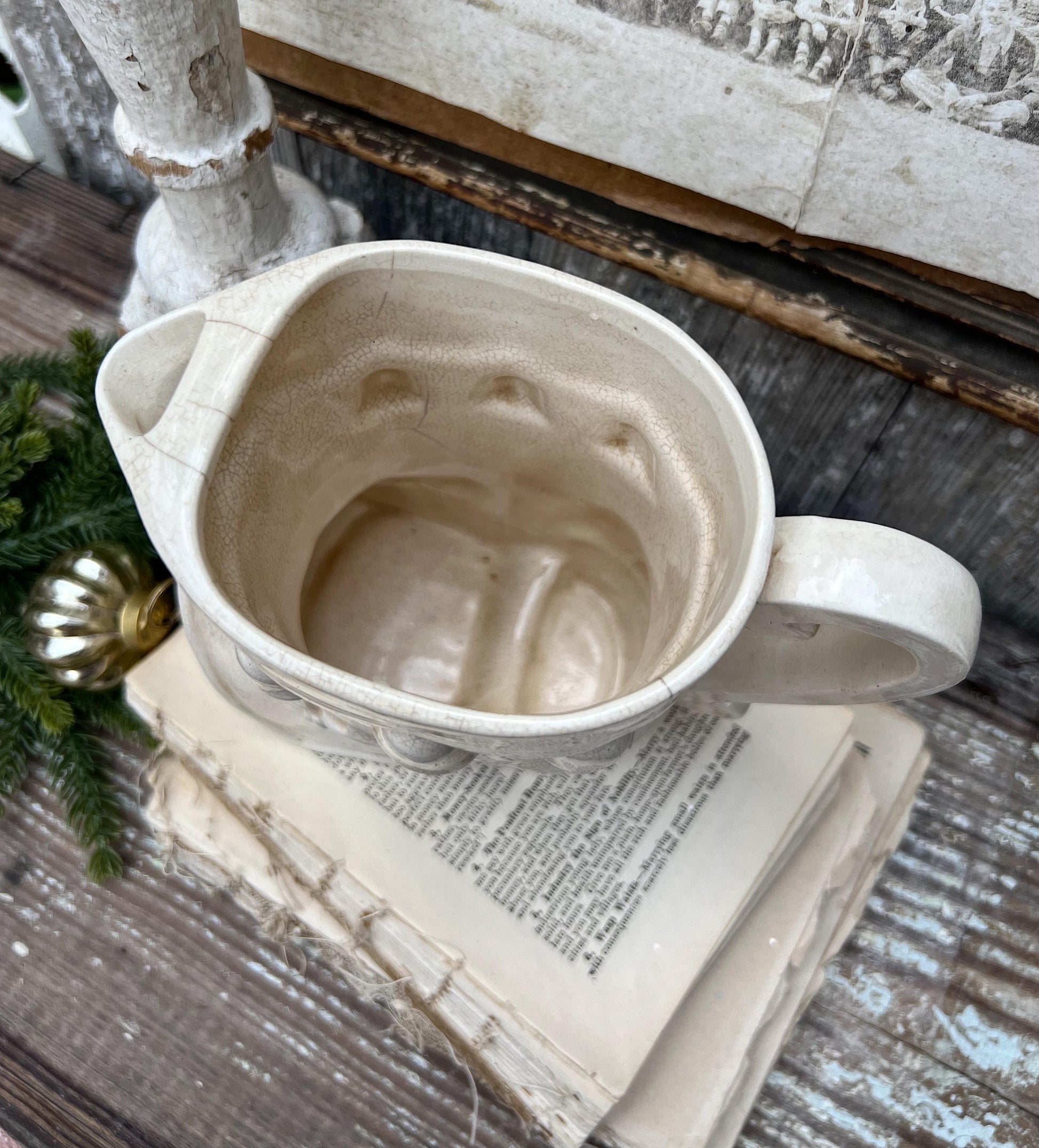 Vintage Ironstone Santa Claus ELF BOOT PITCHER Creamy White Santa Face Farmhouse Christmas Decor Paintless Grungy Crazing Crazed