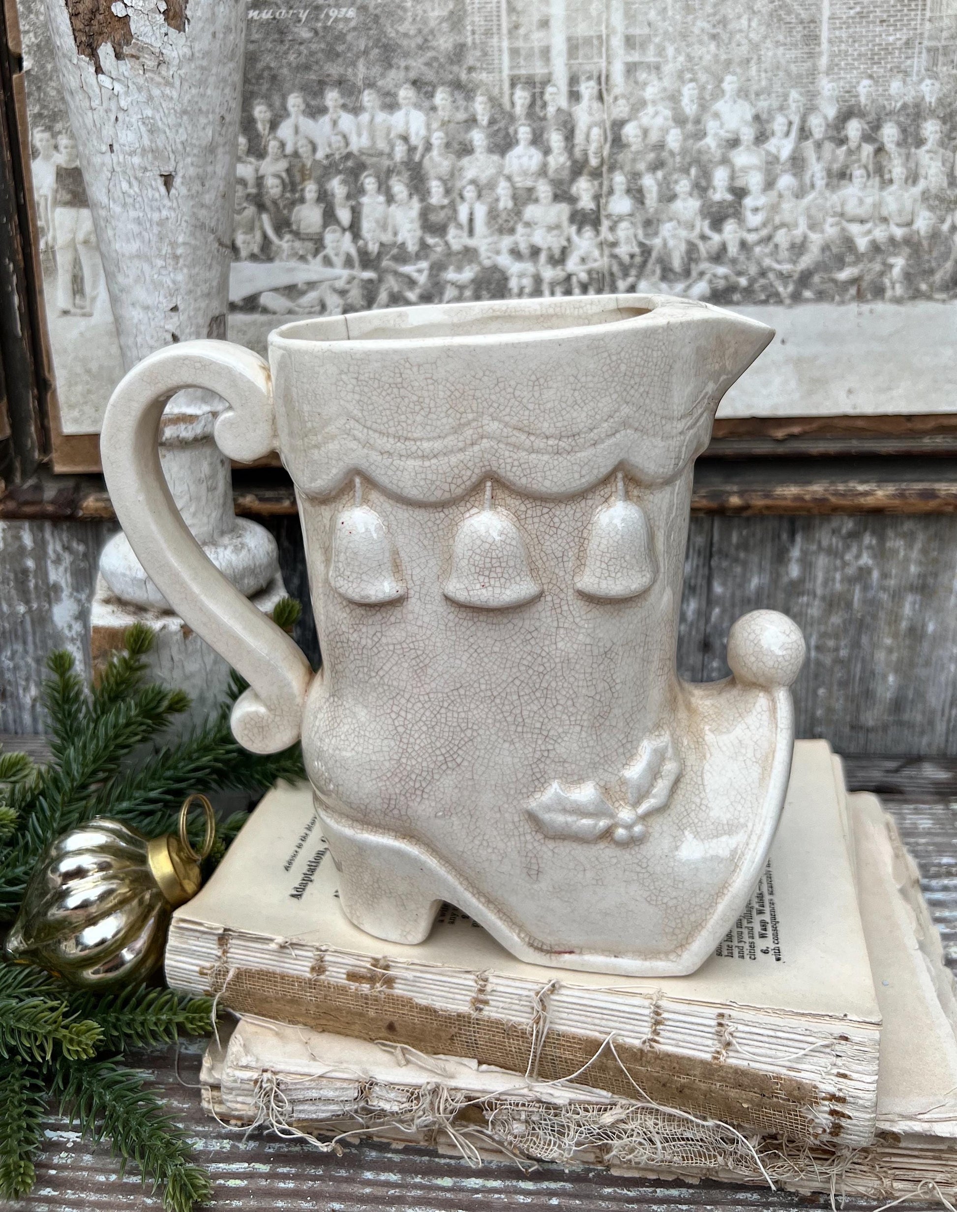 Vintage Ironstone Santa Claus ELF BOOT PITCHER Creamy White Santa Face Farmhouse Christmas Decor Paintless Grungy Crazing Crazed