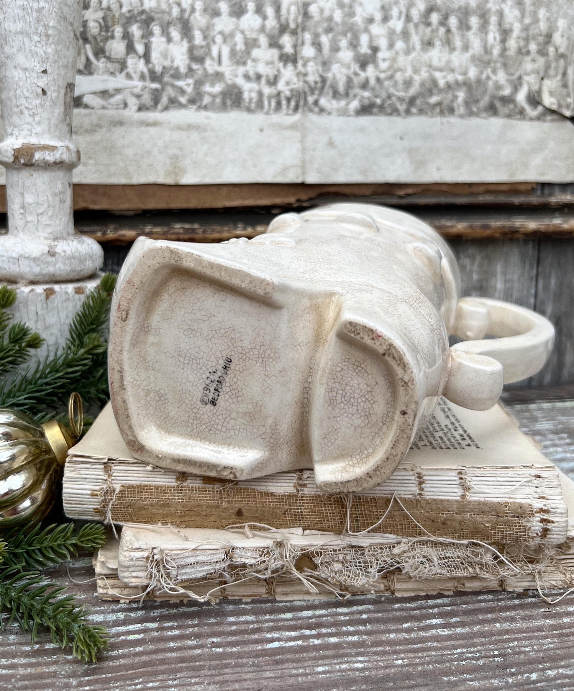Vintage Ironstone Santa Claus ELF BOOT PITCHER Creamy White Santa Face Farmhouse Christmas Decor Paintless Grungy Crazing Crazed