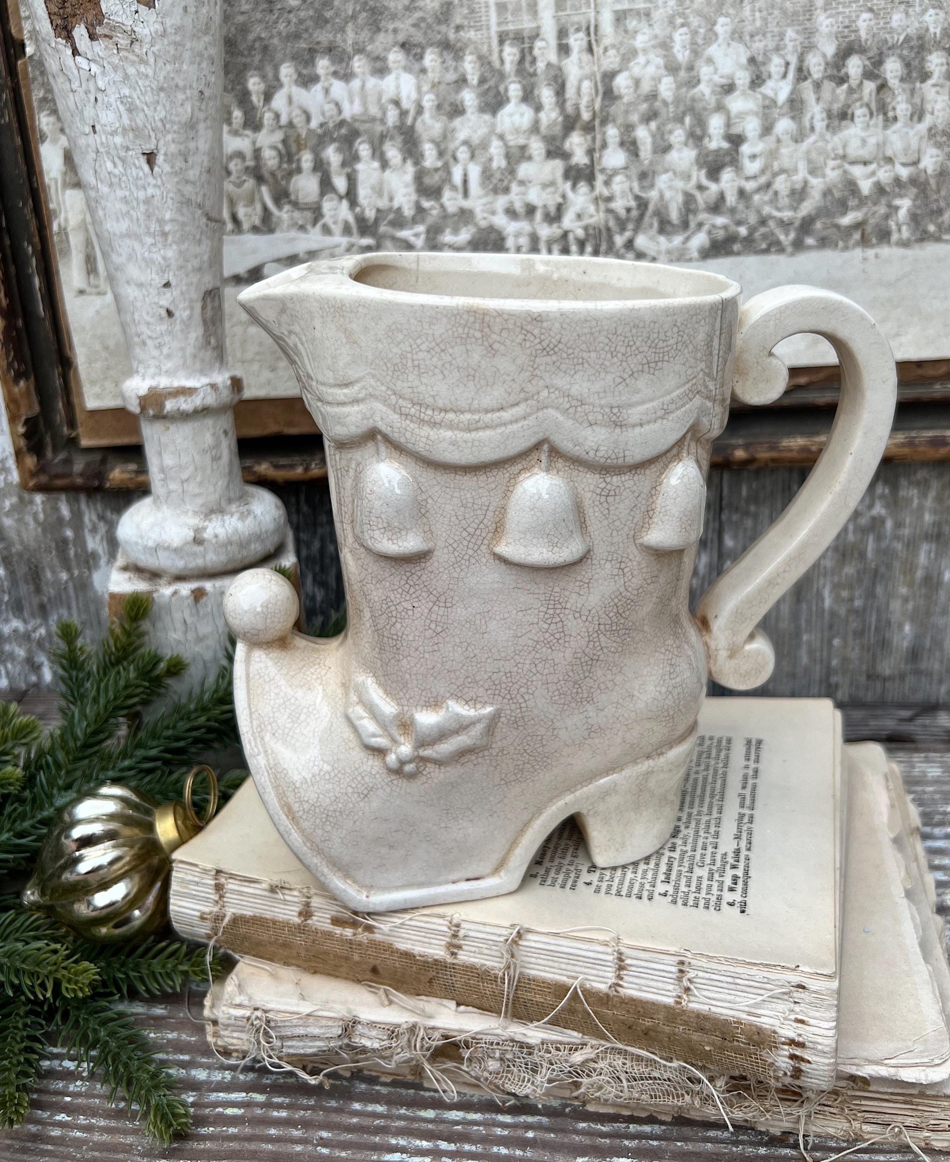 Vintage Ironstone Santa Claus ELF BOOT PITCHER Creamy White Santa Face Farmhouse Christmas Decor Paintless Grungy Crazing Crazed