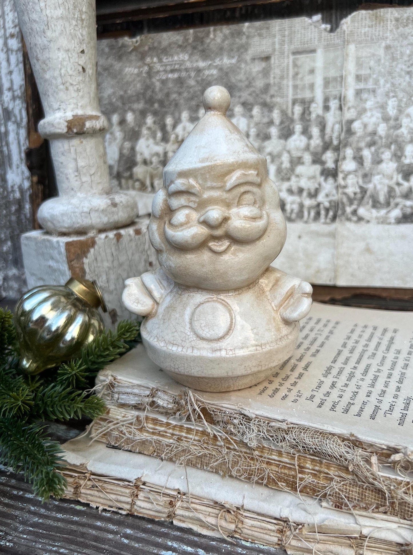Vintage Ironstone Santa Claus Salt Shaker Creamy WHITE Farmhouse Christmas Decor Stained Crazing HOLT HOWARD 1960