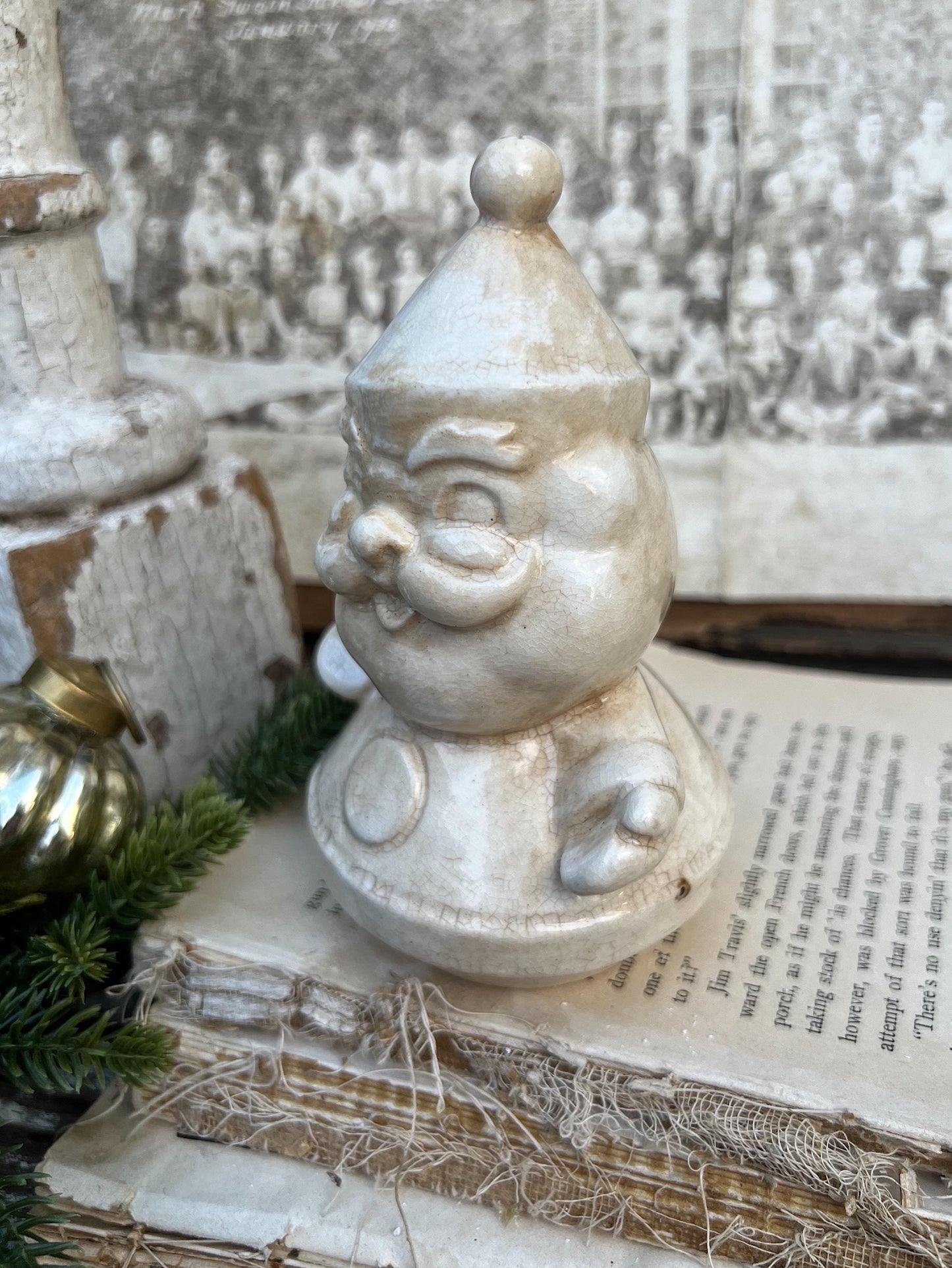 Vintage Ironstone Santa Claus Salt Shaker Creamy WHITE Farmhouse Christmas Decor Stained Crazing HOLT HOWARD 1960