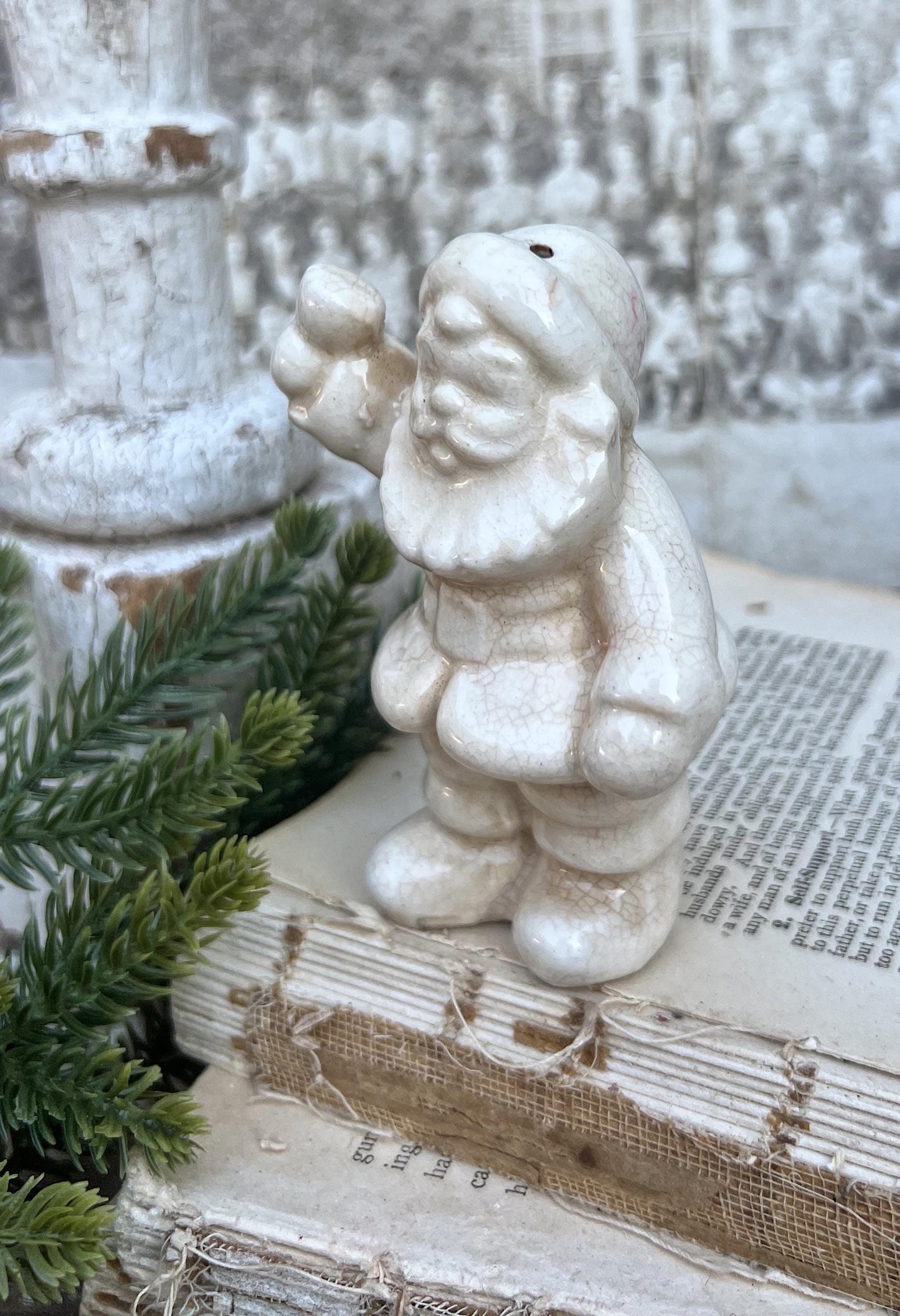 Vintage Ironstone Santa Claus Salt Shaker Creamy WHITE Farmhouse Christmas Decor Bell Stained Crazing