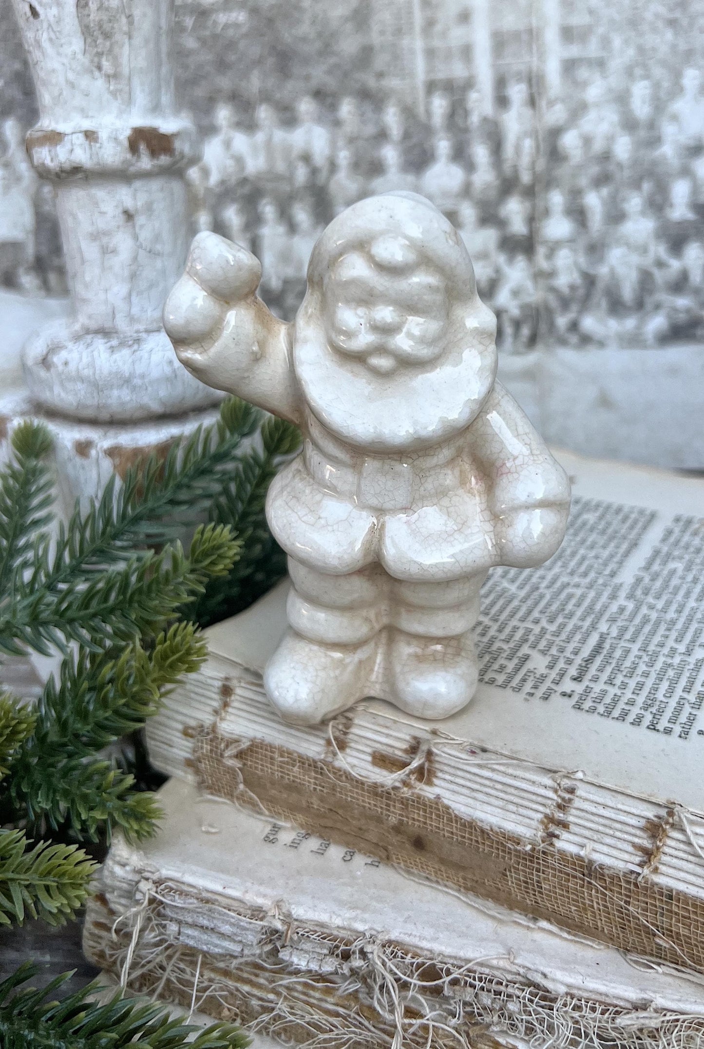 Vintage Ironstone Santa Claus Salt Shaker Creamy WHITE Farmhouse Christmas Decor Bell Stained Crazing