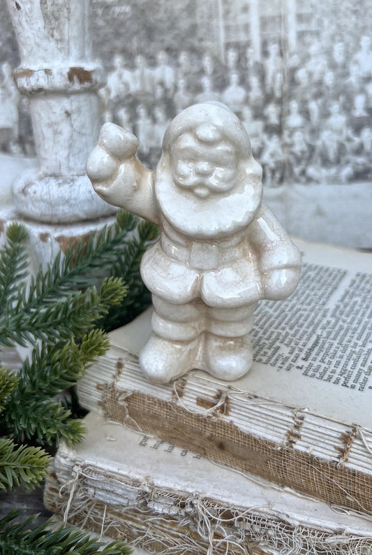 Vintage Ironstone Santa Claus Salt Shaker Creamy WHITE Farmhouse Christmas Decor Bell Stained Crazing