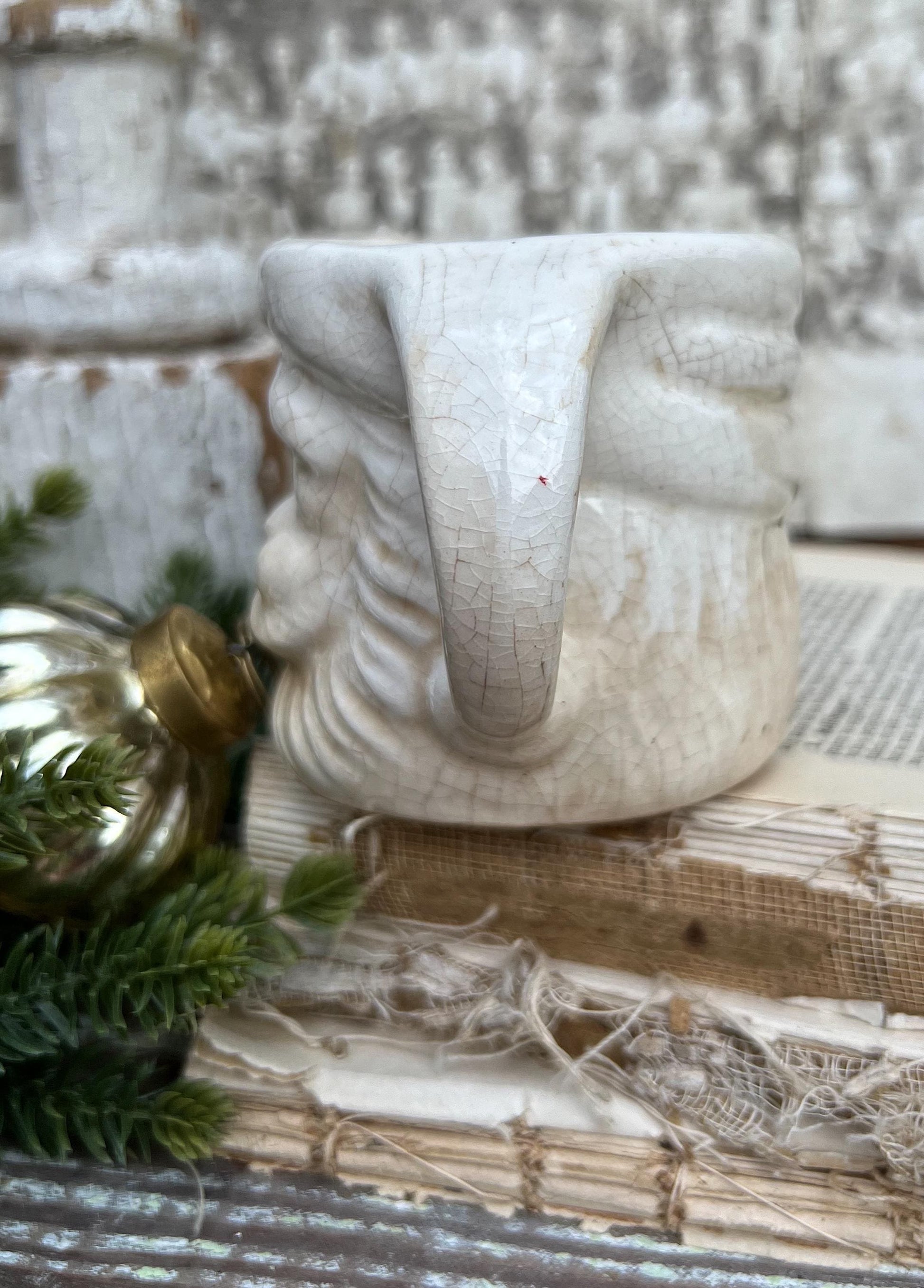 Vintage Ironstone Santa Claus Cup Mug FULL SIZE Creamy White Santa Farmhouse Christmas Decor RARE Japan Crazing Grungy Crazed