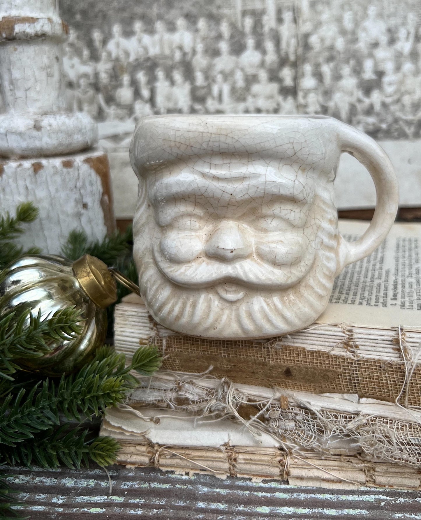 Vintage Ironstone Santa Claus Cup Mug FULL SIZE Creamy White Santa Farmhouse Christmas Decor RARE Japan Crazing Grungy Crazed