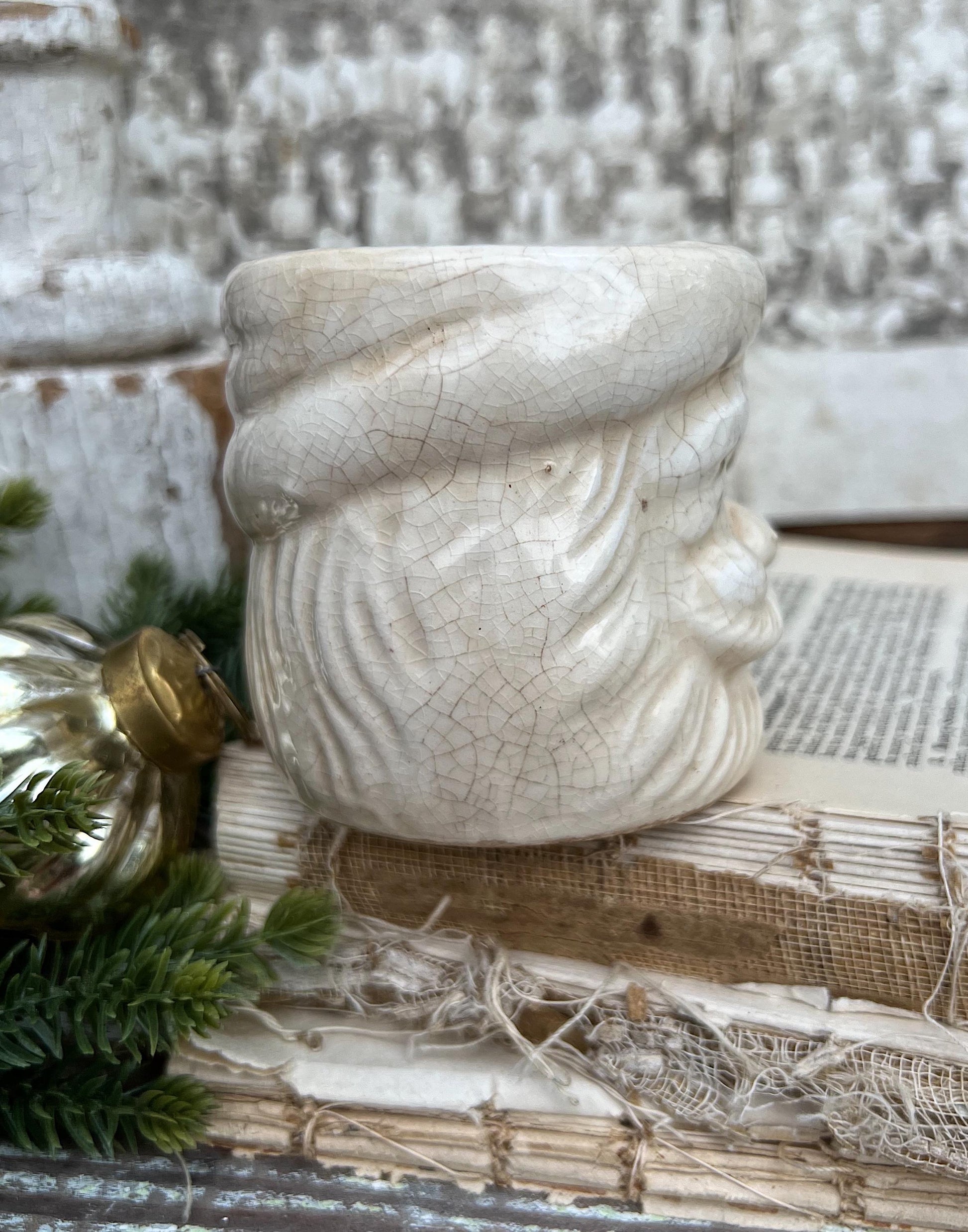 Vintage Ironstone Santa Claus Cup Mug FULL SIZE Creamy White Santa Farmhouse Christmas Decor RARE Japan Crazing Grungy Crazed