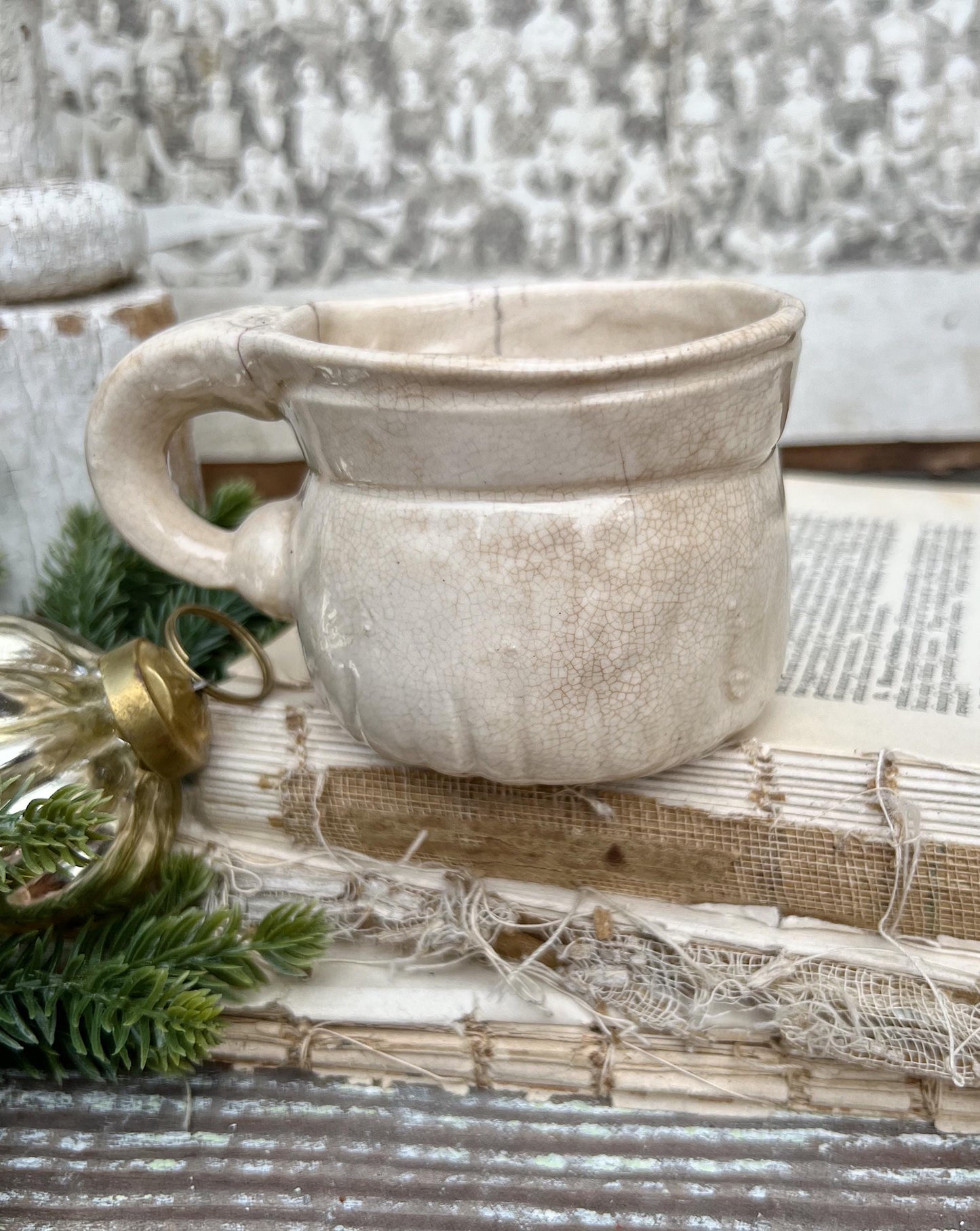 Vintage Ironstone Santa Claus Cup Mug FULL SIZE Cream Santa White Farmhouse Christmas Decor RARE Japan Holt Howard Stained Crazed 1959