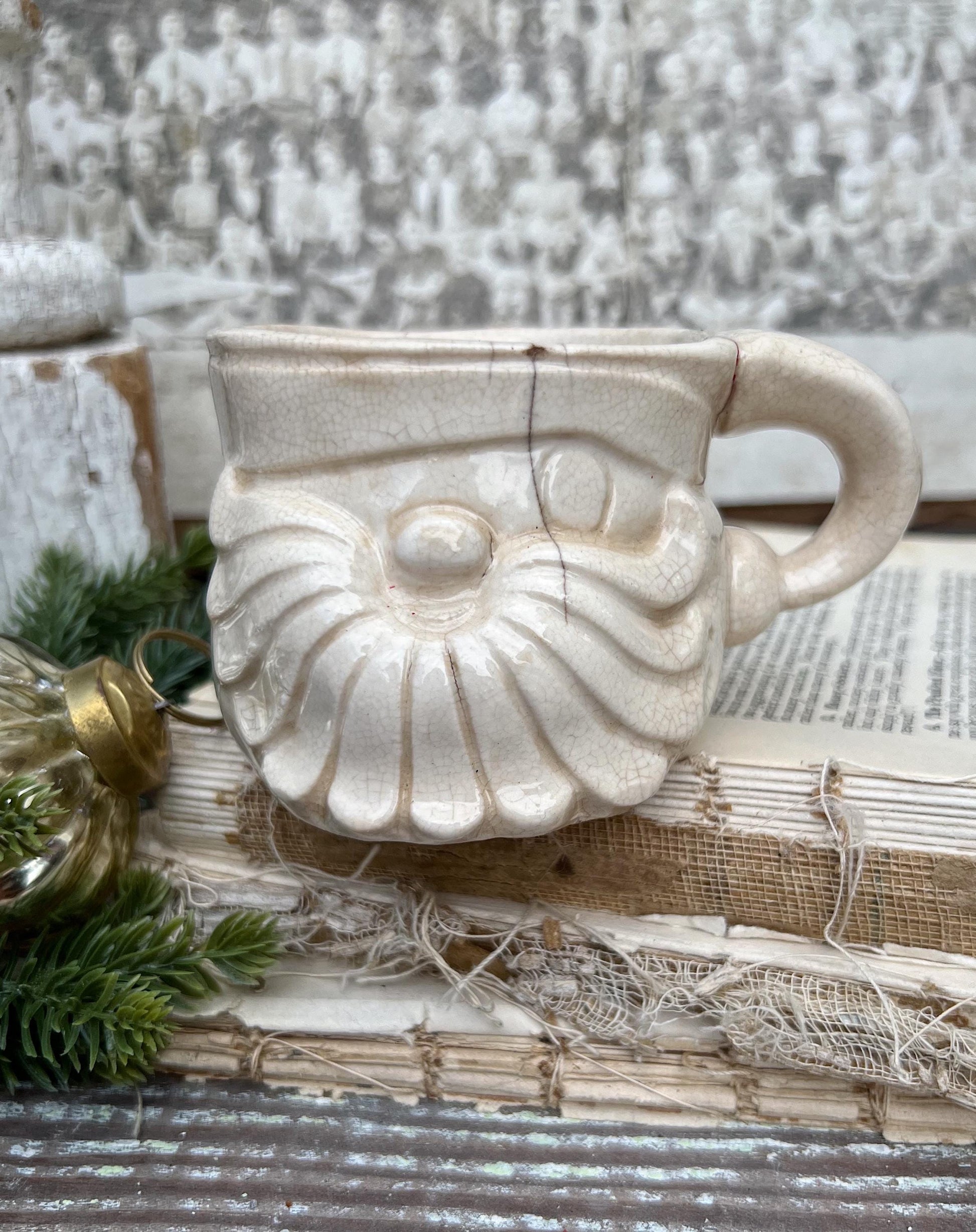 Vintage Ironstone Santa Claus Cup Mug FULL SIZE Cream Santa White Farmhouse Christmas Decor RARE Japan Holt Howard Stained Crazed 1959