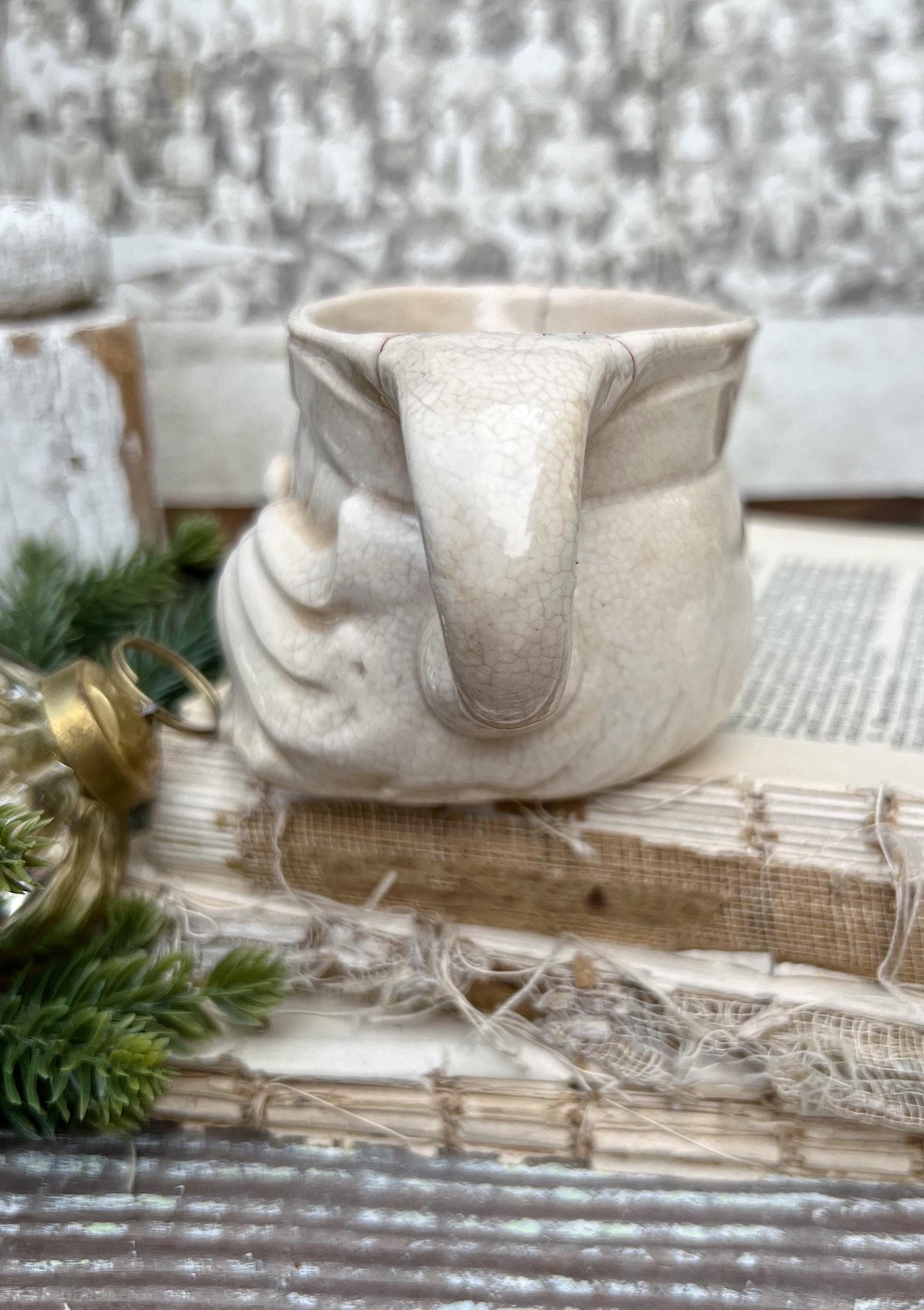 Vintage Ironstone Santa Claus Cup Mug FULL SIZE Cream Santa White Farmhouse Christmas Decor RARE Japan Holt Howard Stained Crazed 1959