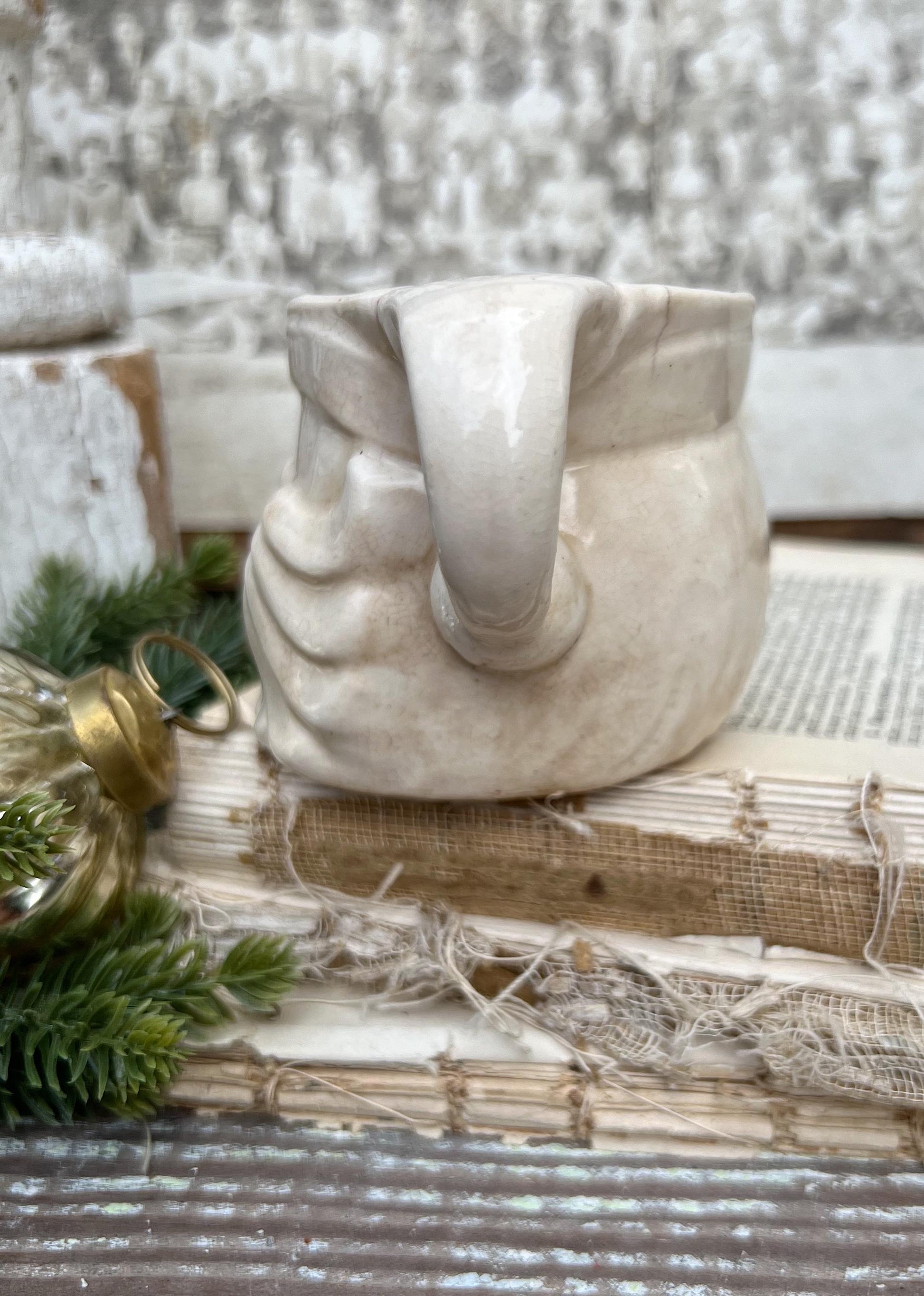 Vintage Ironstone Santa Claus Cup Mug FULL SIZE Cream Santa White Farmhouse Christmas Decor RARE Japan Holt Howard Stained Crazed 1959