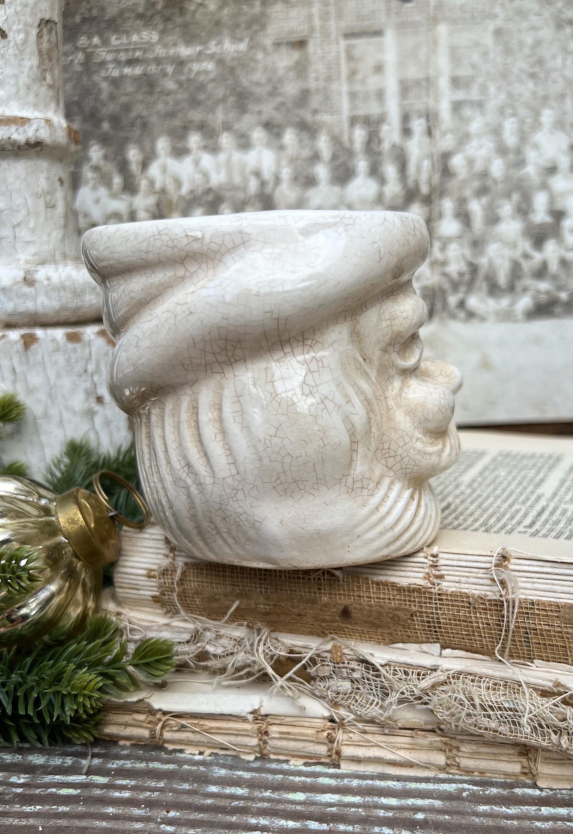 Vintage Ironstone Santa Claus Cup Mug FULL SIZE Creamy White Santa Farmhouse Christmas Decor RARE Japan Crazing Grungy Crazed