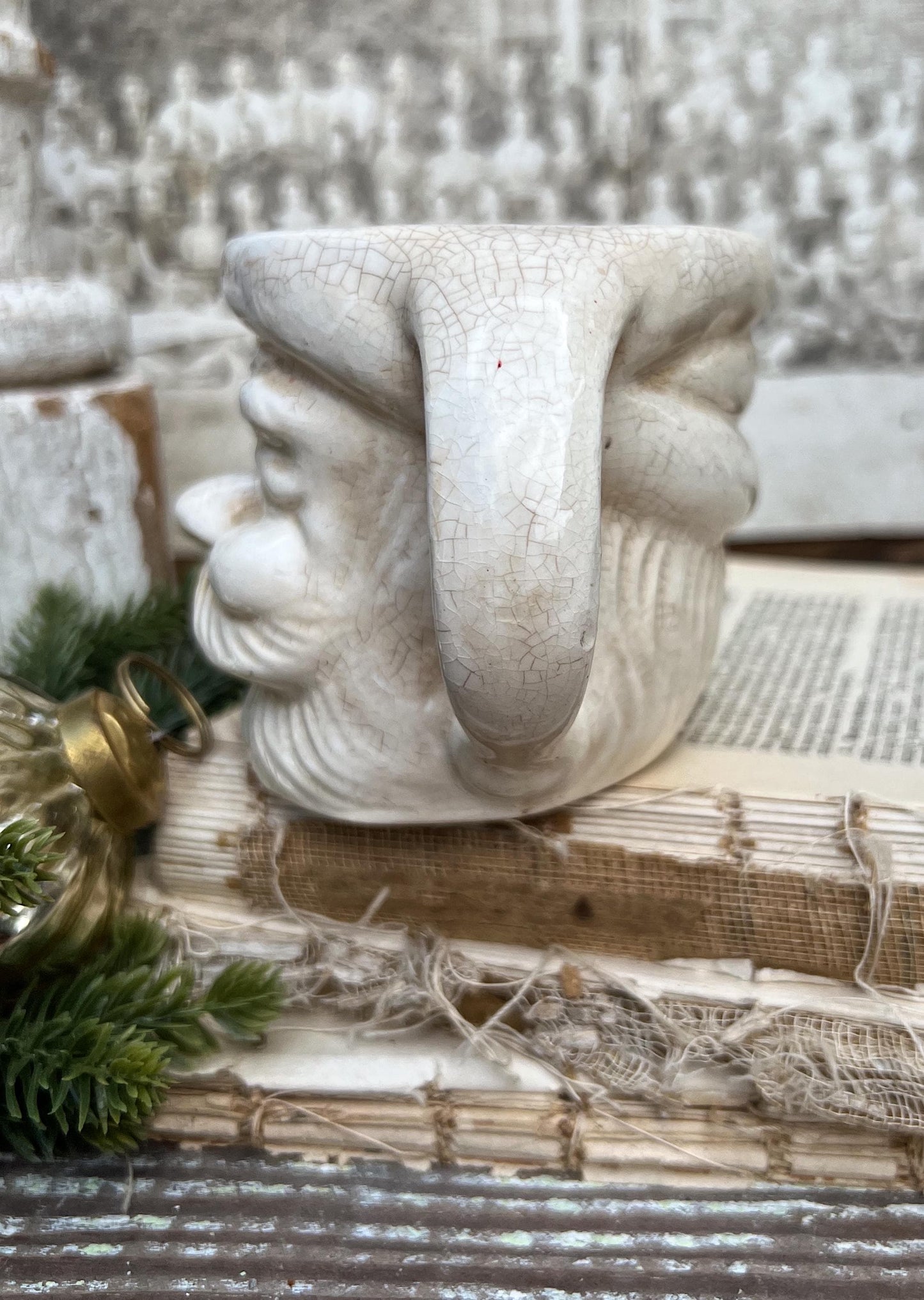 Vintage Ironstone Santa Claus Cup Mug FULL SIZE Creamy White Santa Farmhouse Christmas Decor RARE Japan Crazing Grungy Crazed