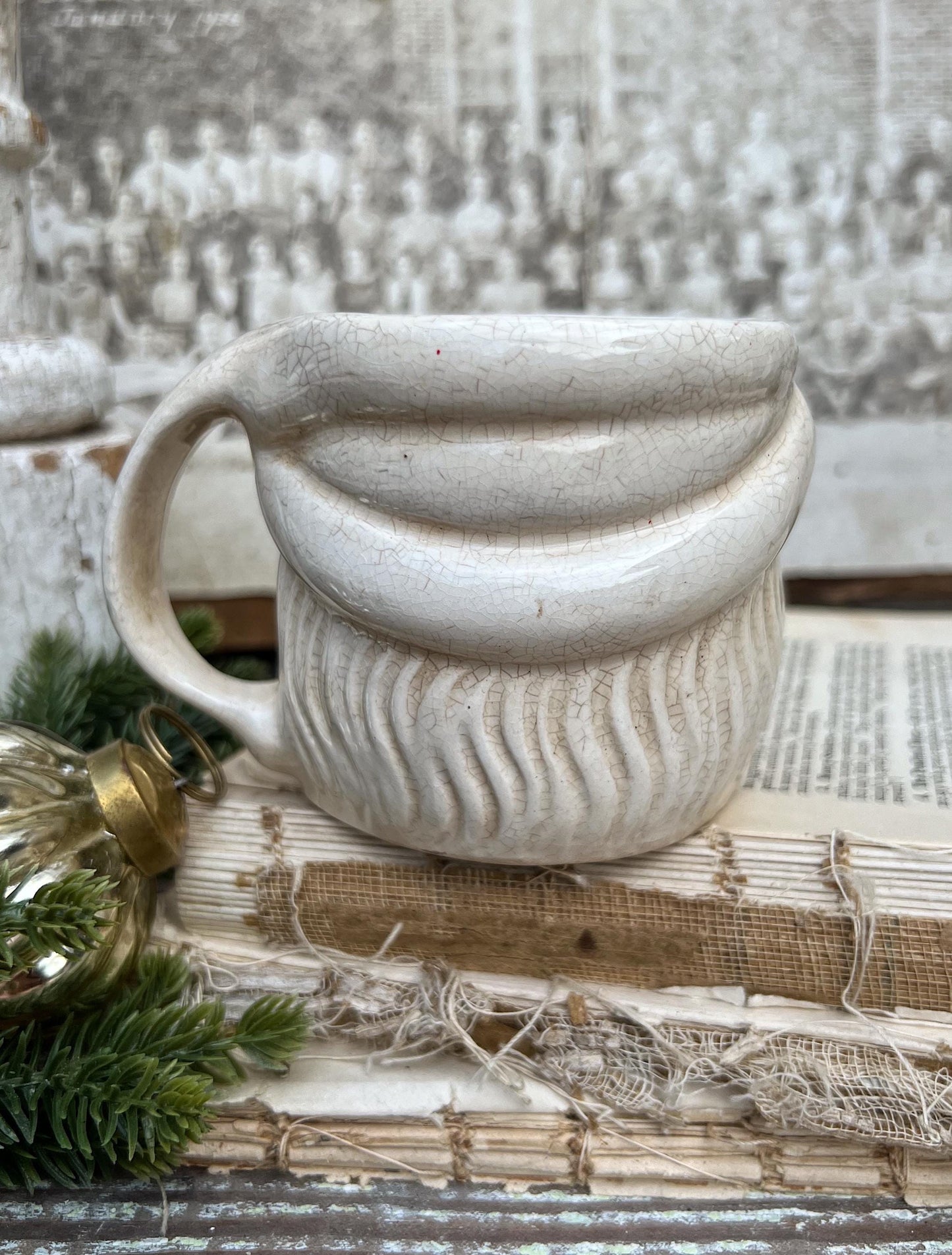 Vintage Ironstone Santa Claus Cup Mug FULL SIZE Creamy White Santa Farmhouse Christmas Decor RARE Japan Crazing Grungy Crazed