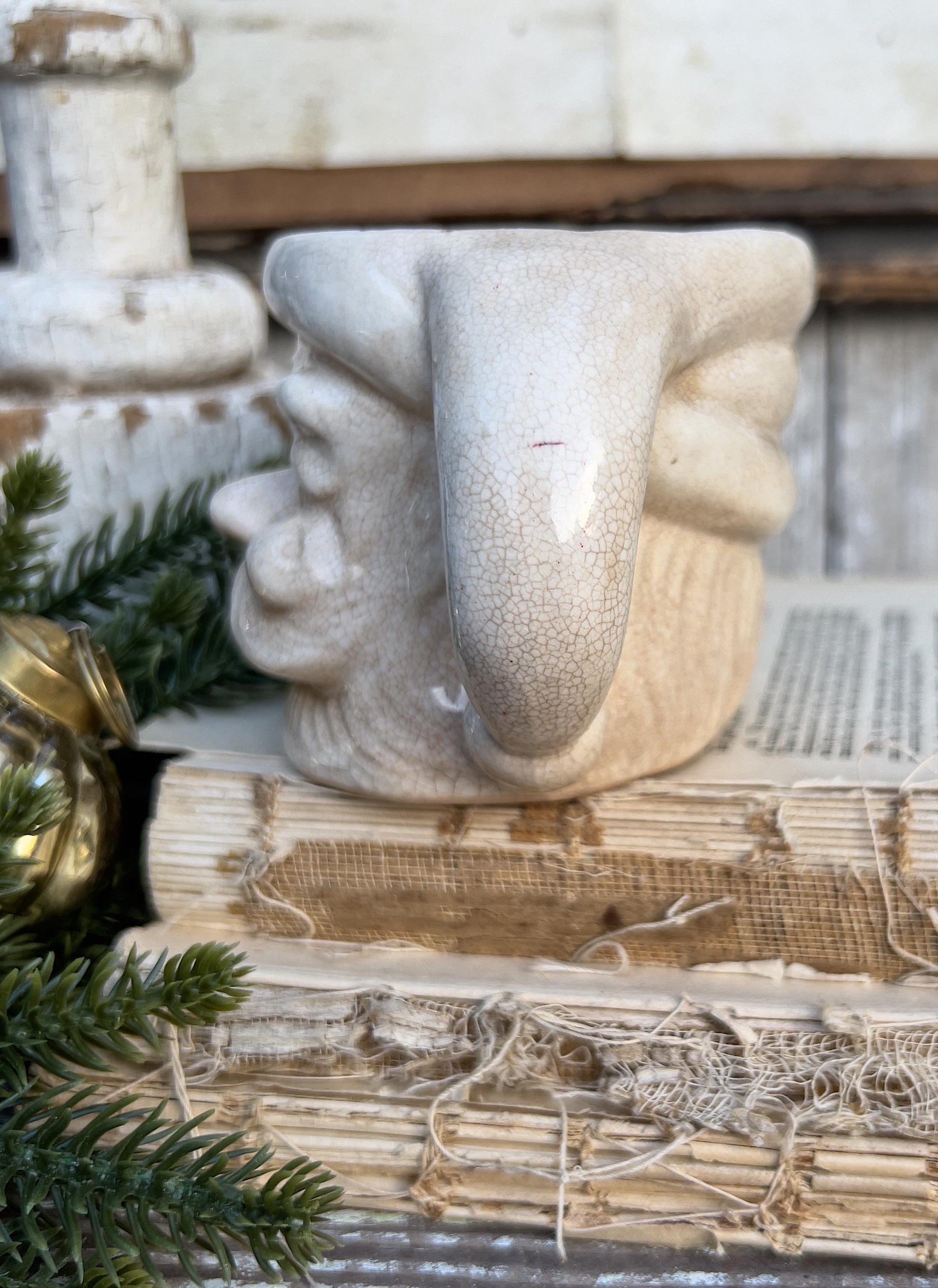Vintage Ironstone Santa Claus Cup Mug FULL SIZE Creamy White Santa Farmhouse Christmas Decor RARE Japan Crazing Grungy Crazed