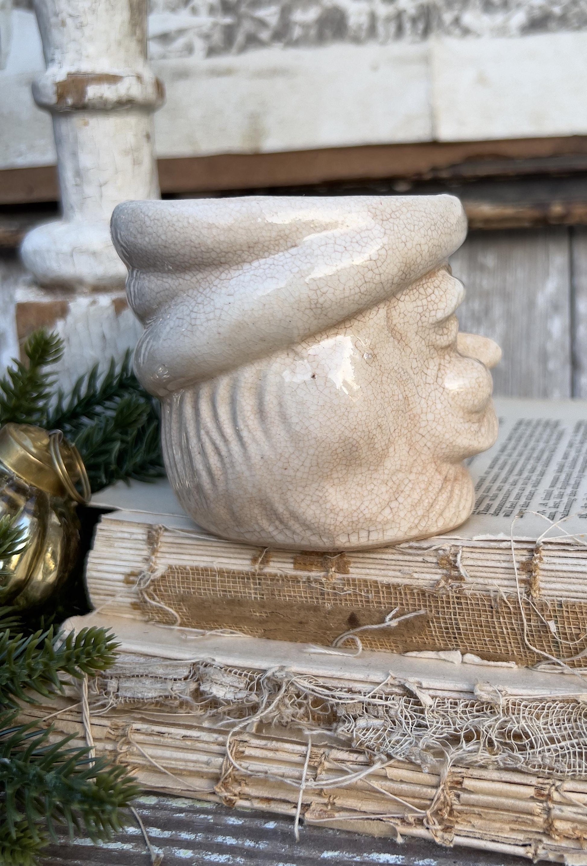 Vintage Ironstone Santa Claus Cup Mug FULL SIZE Creamy White Santa Farmhouse Christmas Decor RARE Japan Crazing Grungy Crazed