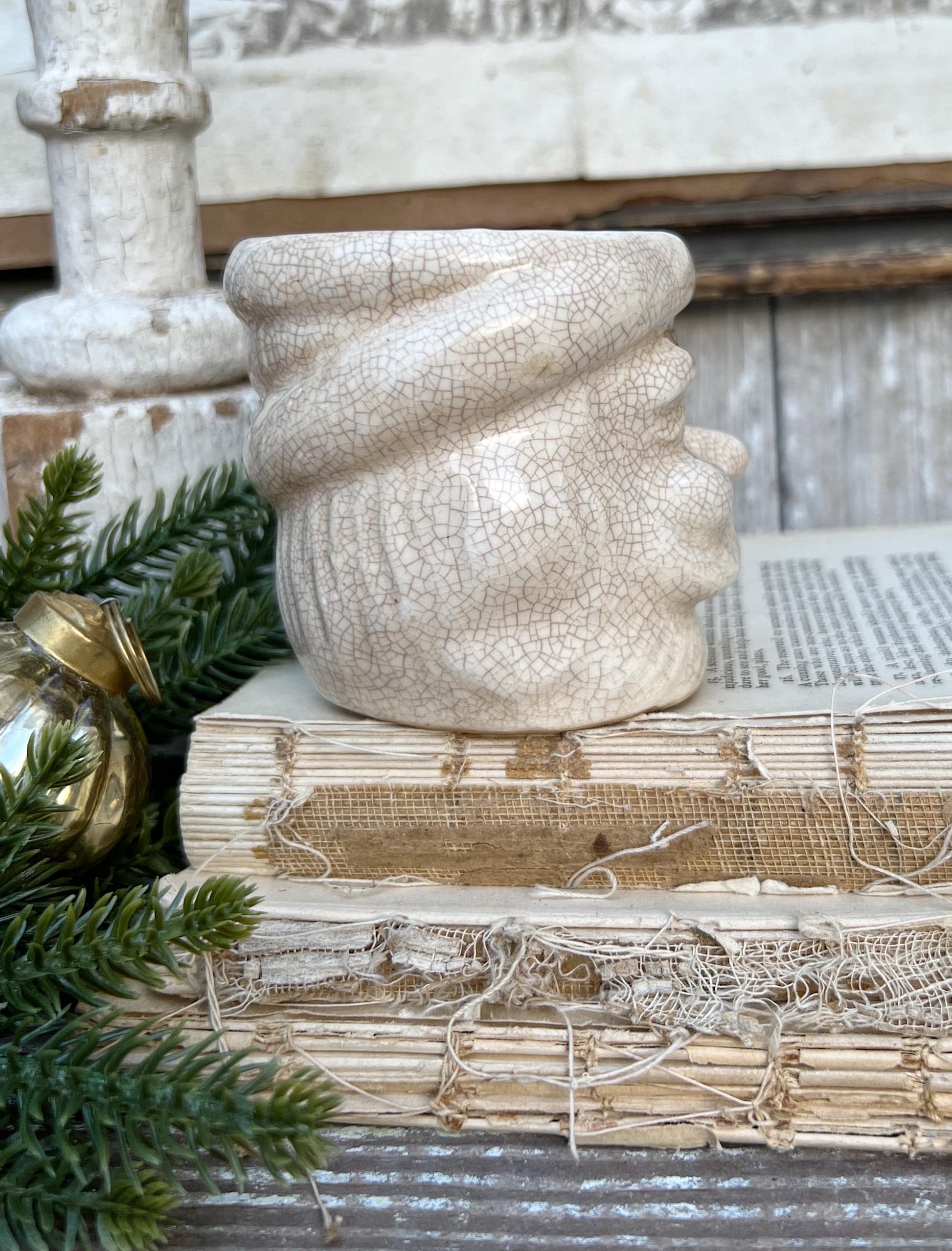 Vintage Ironstone Santa Claus Cup Mug FULL SIZE Creamy White Santa Farmhouse Christmas Decor RARE Japan Crazing Grungy Crazed