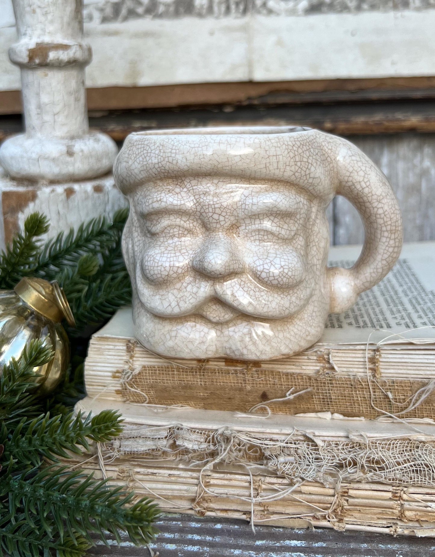 Vintage Ironstone Santa Claus Cup Mug FULL SIZE Creamy White Santa Farmhouse Christmas Decor RARE Japan Crazing Grungy Crazed
