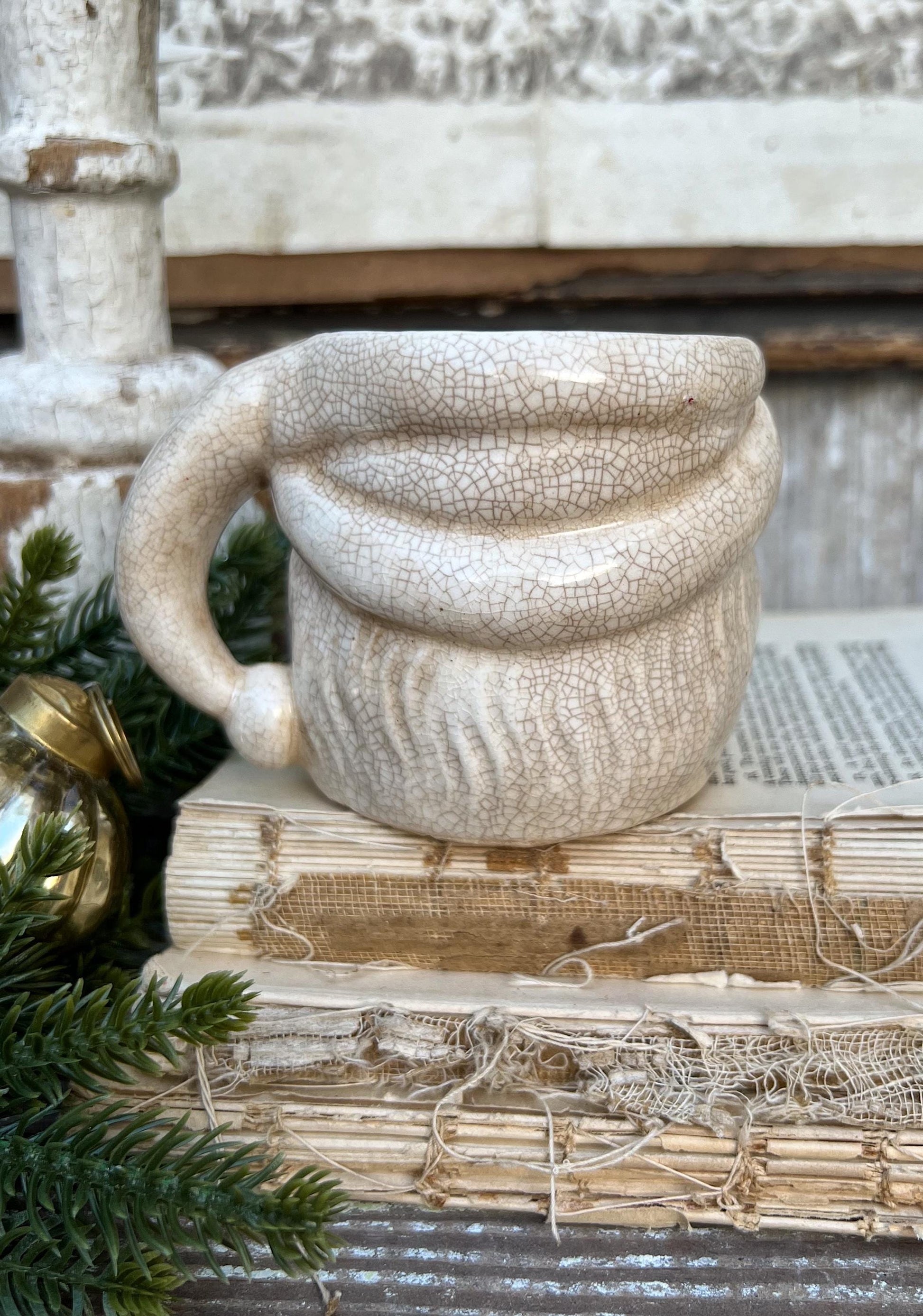 Vintage Ironstone Santa Claus Cup Mug FULL SIZE Creamy White Santa Farmhouse Christmas Decor RARE Japan Crazing Grungy Crazed