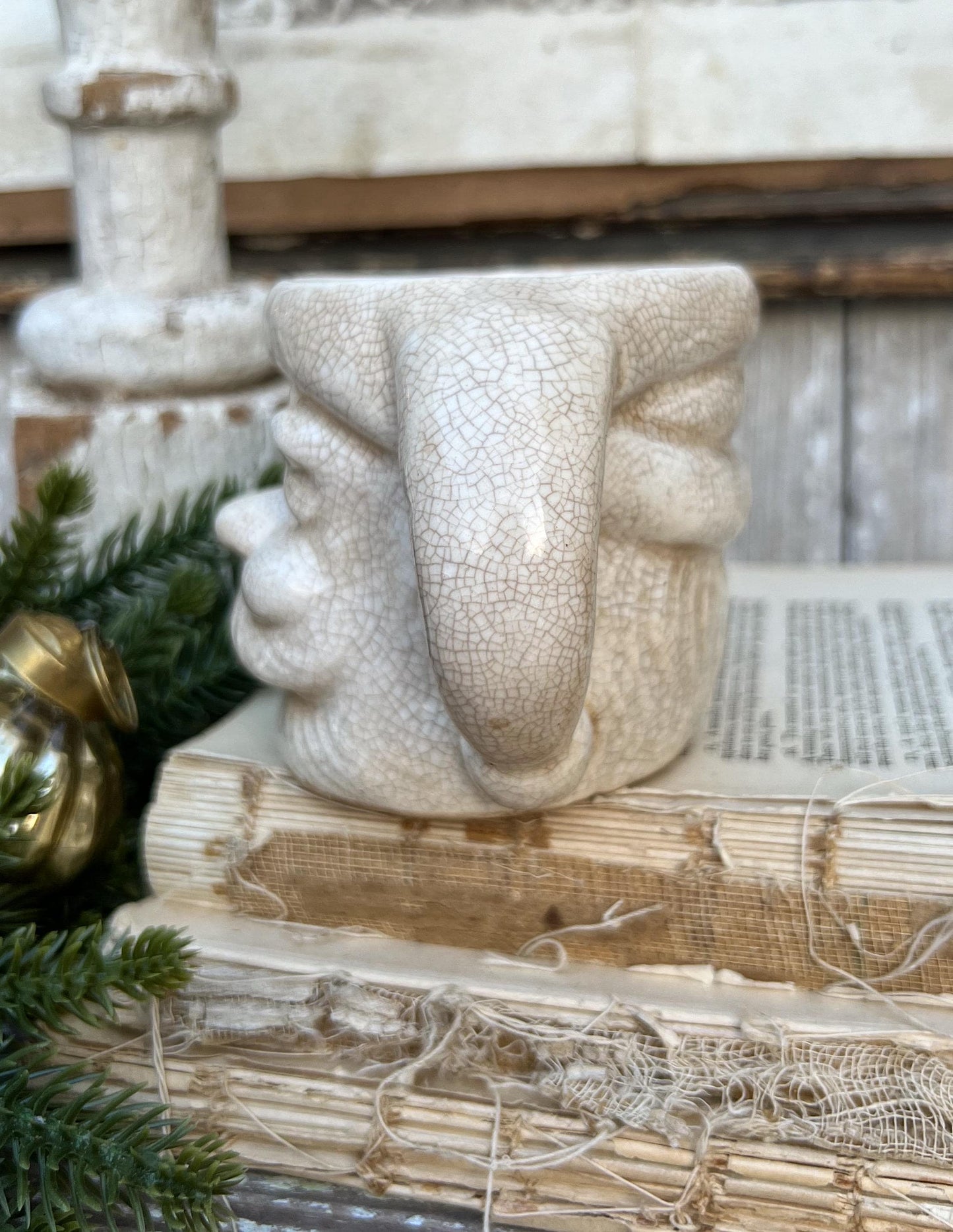 Vintage Ironstone Santa Claus Cup Mug FULL SIZE Creamy White Santa Farmhouse Christmas Decor RARE Japan Crazing Grungy Crazed