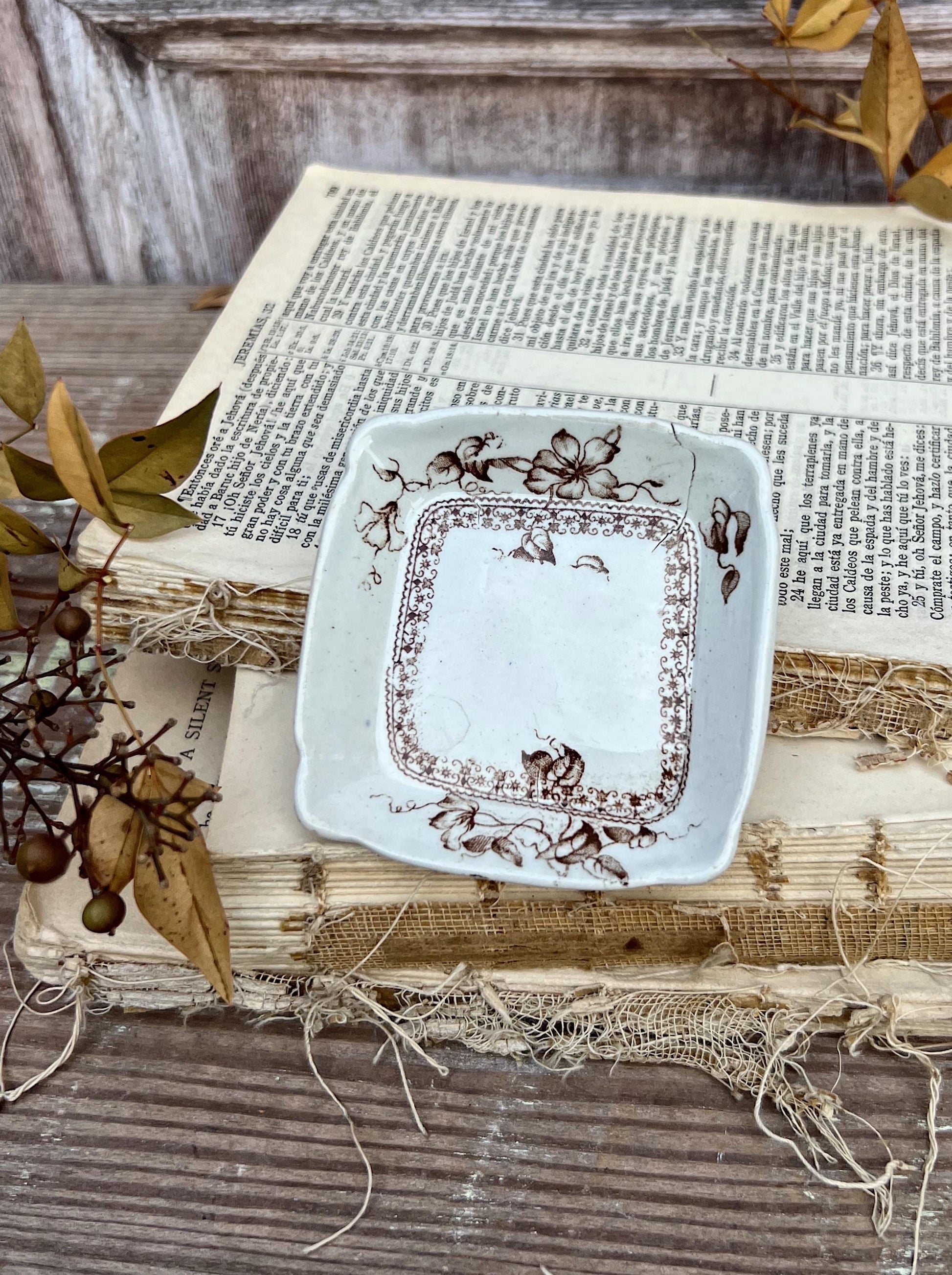 Antique SQUARE White Ironstone Butter Pat BROWN Transferware Floral Farmhouse Decor KENT