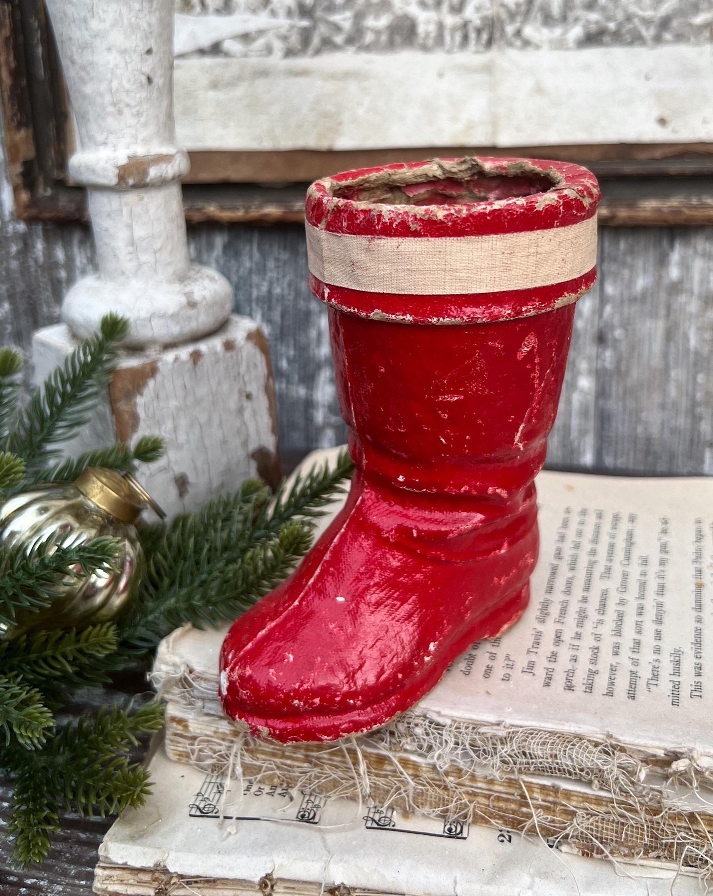 Vintage RED SANTA BOOT Planter Paper Mache Container Farmhouse Christmas Decor Retro