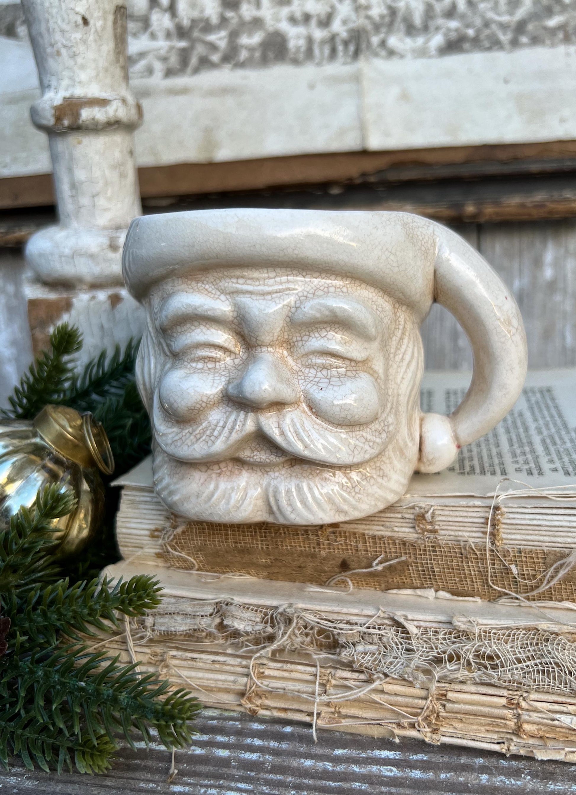 Vintage Ironstone Santa Claus Cup Mug FULL SIZE Creamy White Santa Farmhouse Christmas Decor RARE Japan Crazing Grungy Crazed