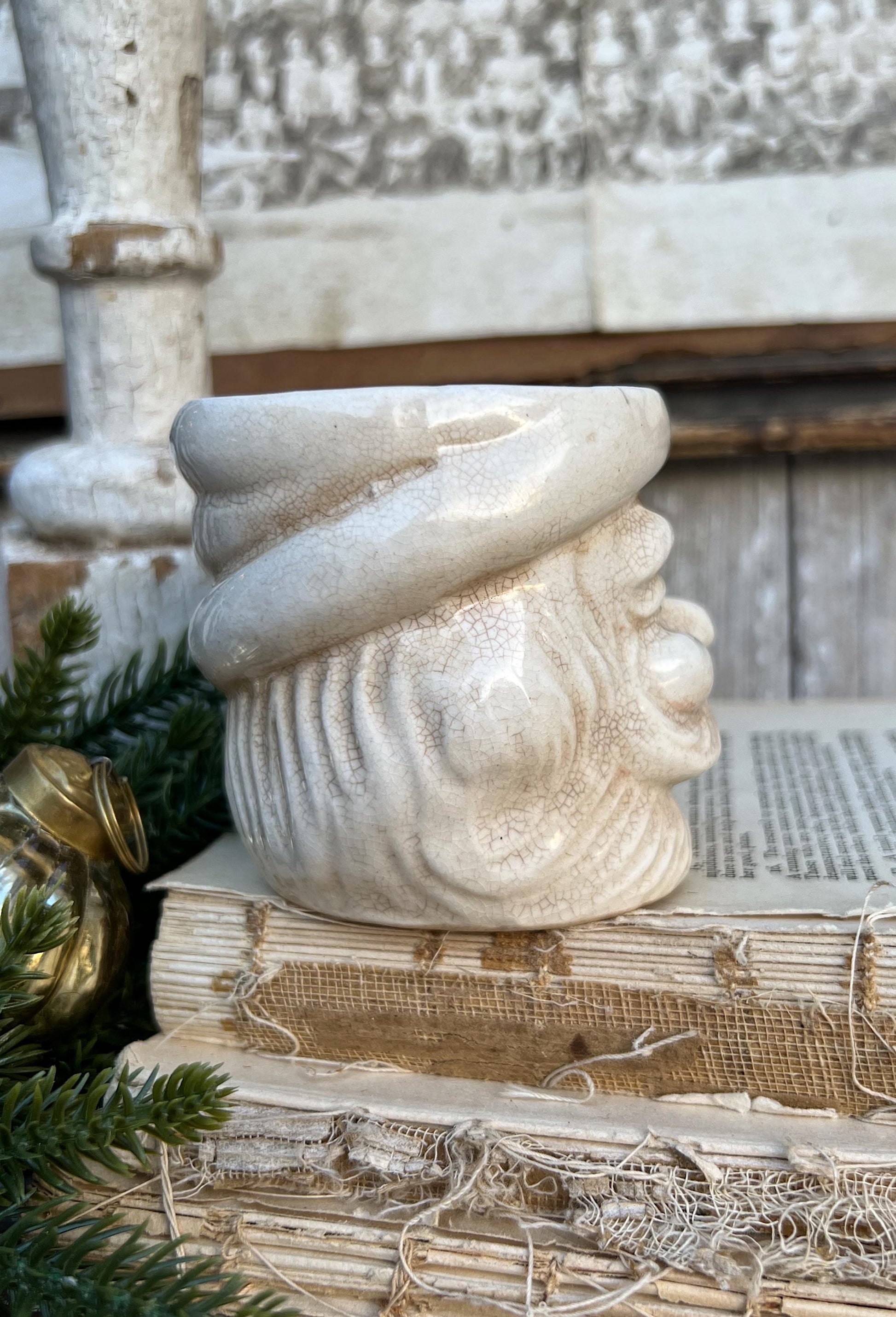 Vintage Ironstone Santa Claus Cup Mug FULL SIZE Creamy White Santa Farmhouse Christmas Decor RARE Japan Crazing Grungy Crazed