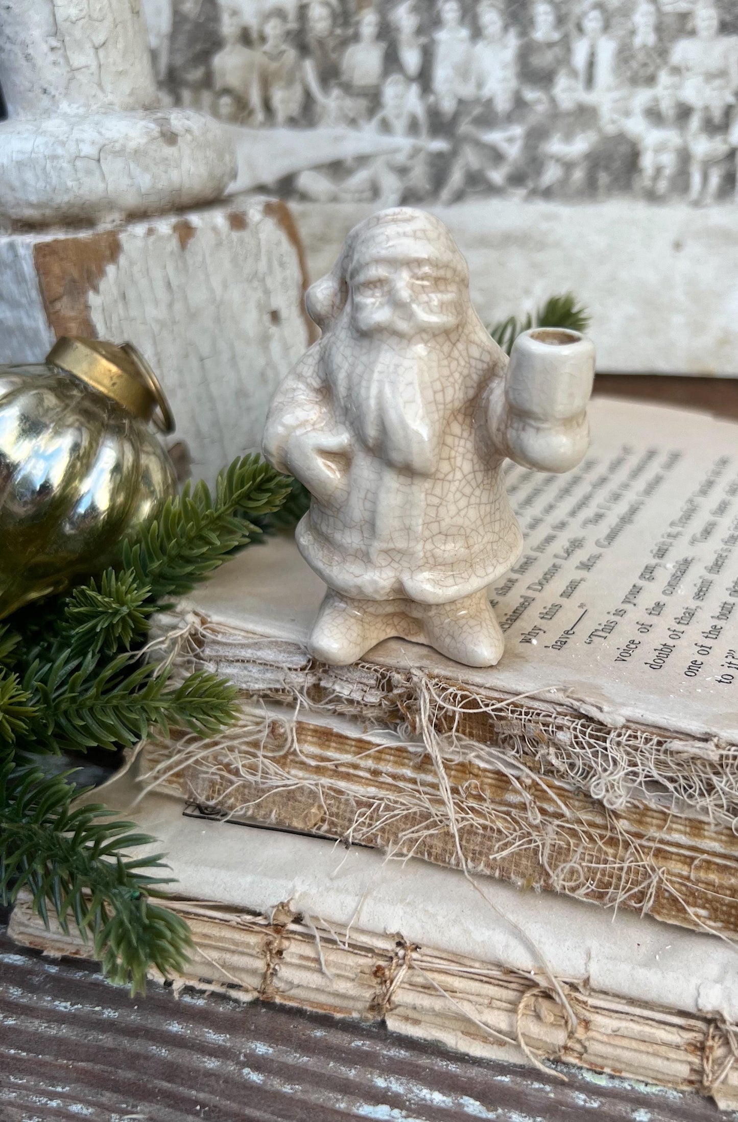 Vintage Ironstone Santa Claus Candle Holder Creamy WHITE Farmhouse Christmas Decor Stained Crazing Tiny