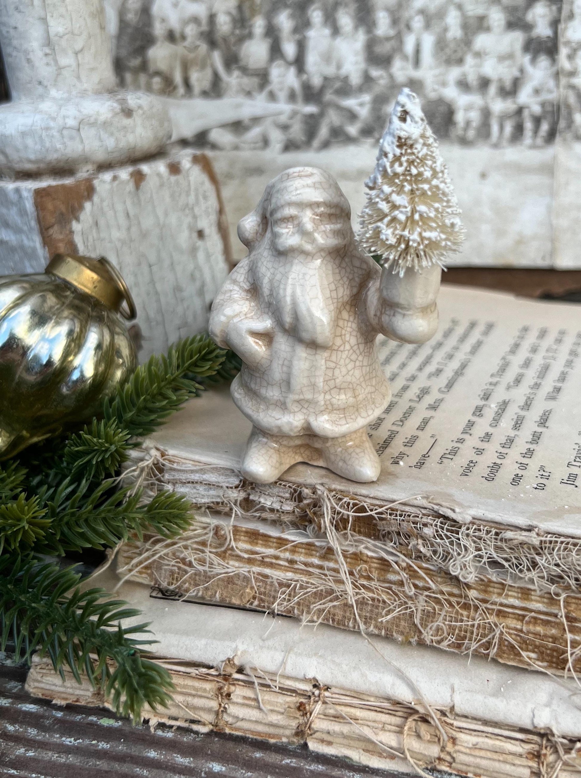 Vintage Ironstone Santa Claus Candle Holder Creamy WHITE Farmhouse Christmas Decor Stained Crazing Tiny
