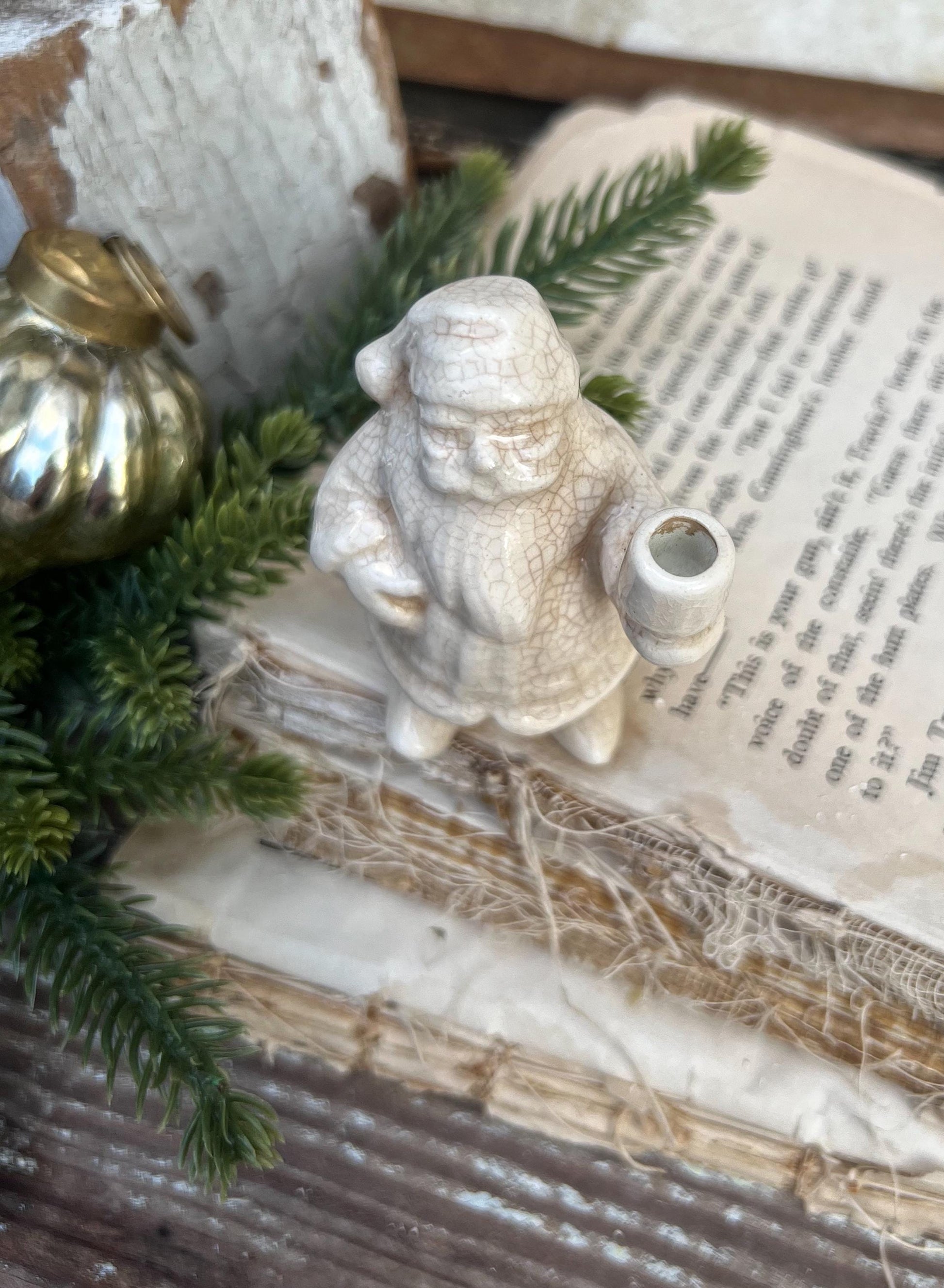 Vintage Ironstone Santa Claus Candle Holder Creamy WHITE Farmhouse Christmas Decor Stained Crazing Tiny