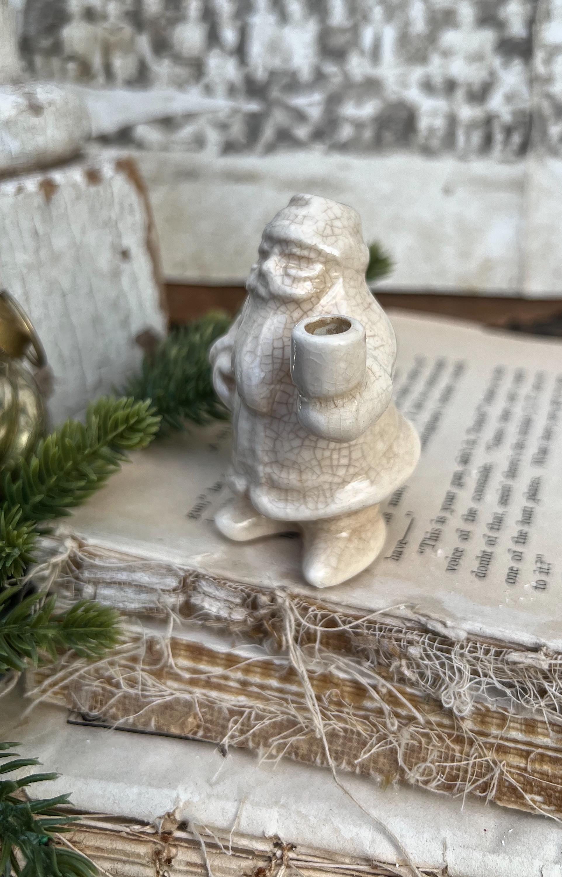 Vintage Ironstone Santa Claus Candle Holder Creamy WHITE Farmhouse Christmas Decor Stained Crazing Tiny