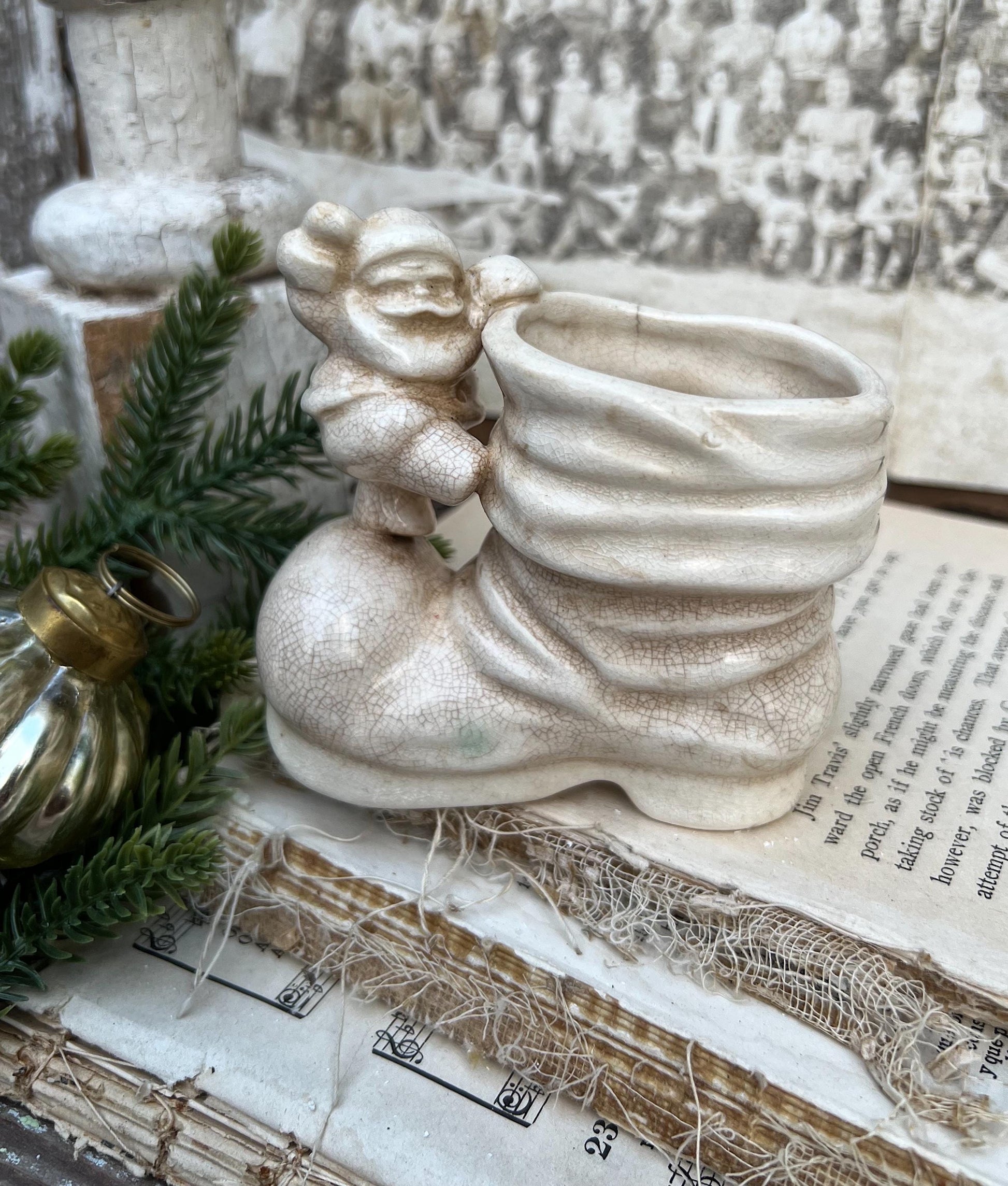 Vintage SANTA BOOT with Santa Planter Creamy White Ironstone Crazing Grungy Ceramic Container Farmhouse Christmas Decor NAPCO Japan