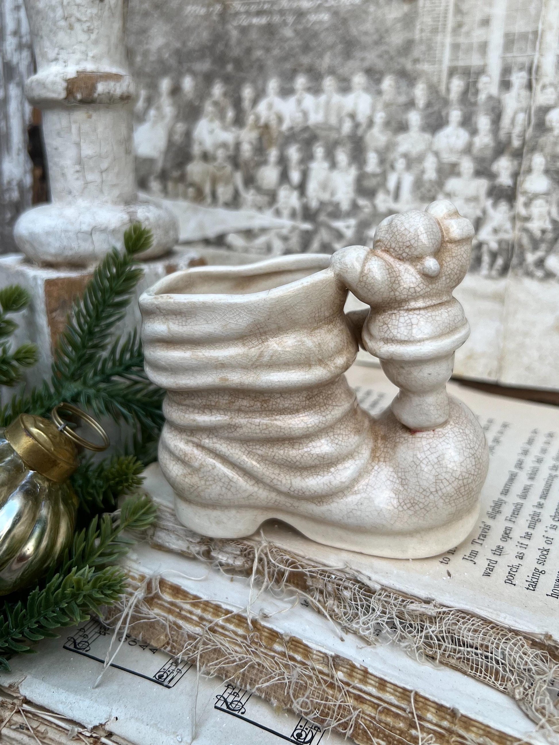 Vintage SANTA BOOT with Santa Planter Creamy White Ironstone Crazing Grungy Ceramic Container Farmhouse Christmas Decor NAPCO Japan