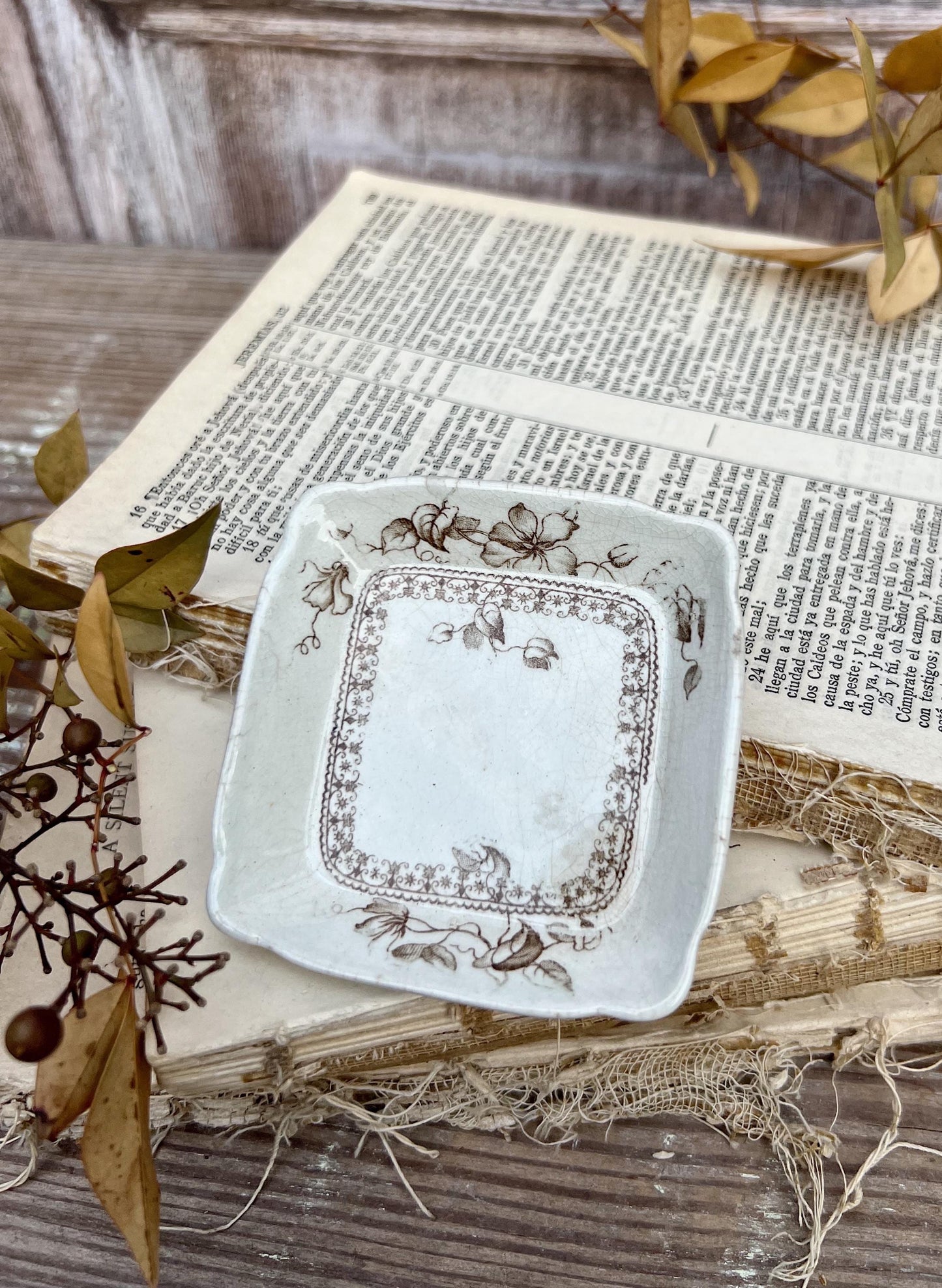Antique SQUARE White Ironstone Butter Pat BROWN Transferware Floral Farmhouse Decor KENT