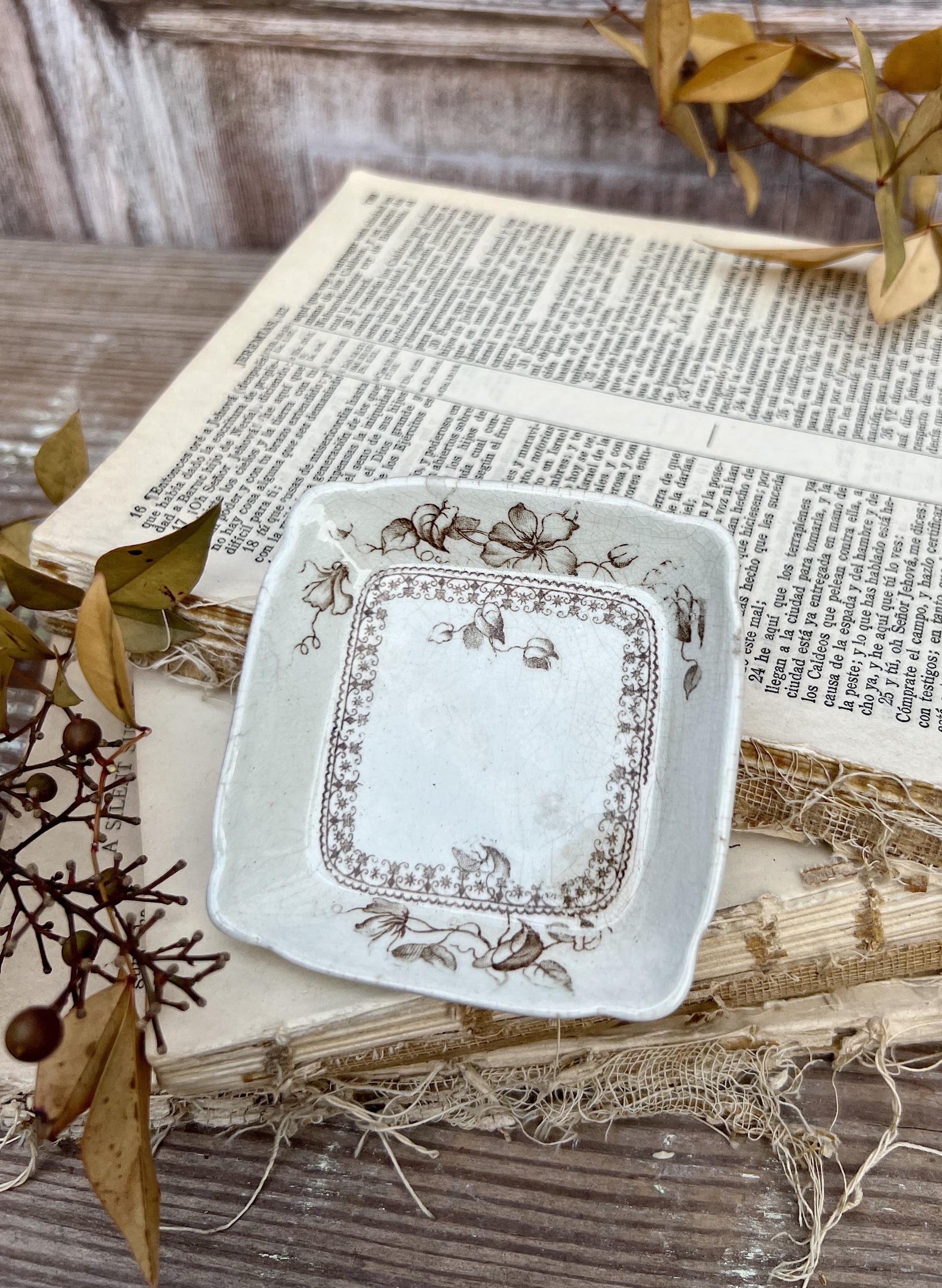 Antique SQUARE White Ironstone Butter Pat BROWN Transferware Floral Farmhouse Decor KENT