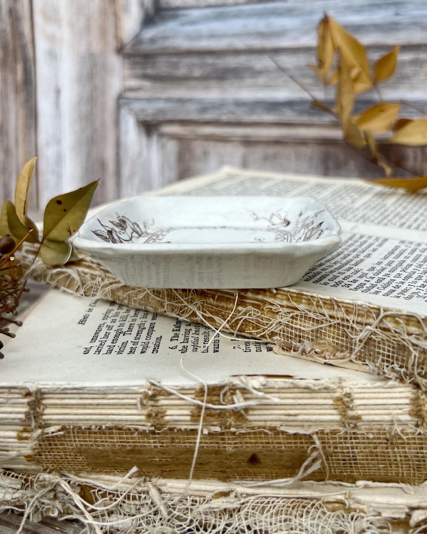 Antique SQUARE White Ironstone Butter Pat BROWN Transferware Floral Farmhouse Decor KENT