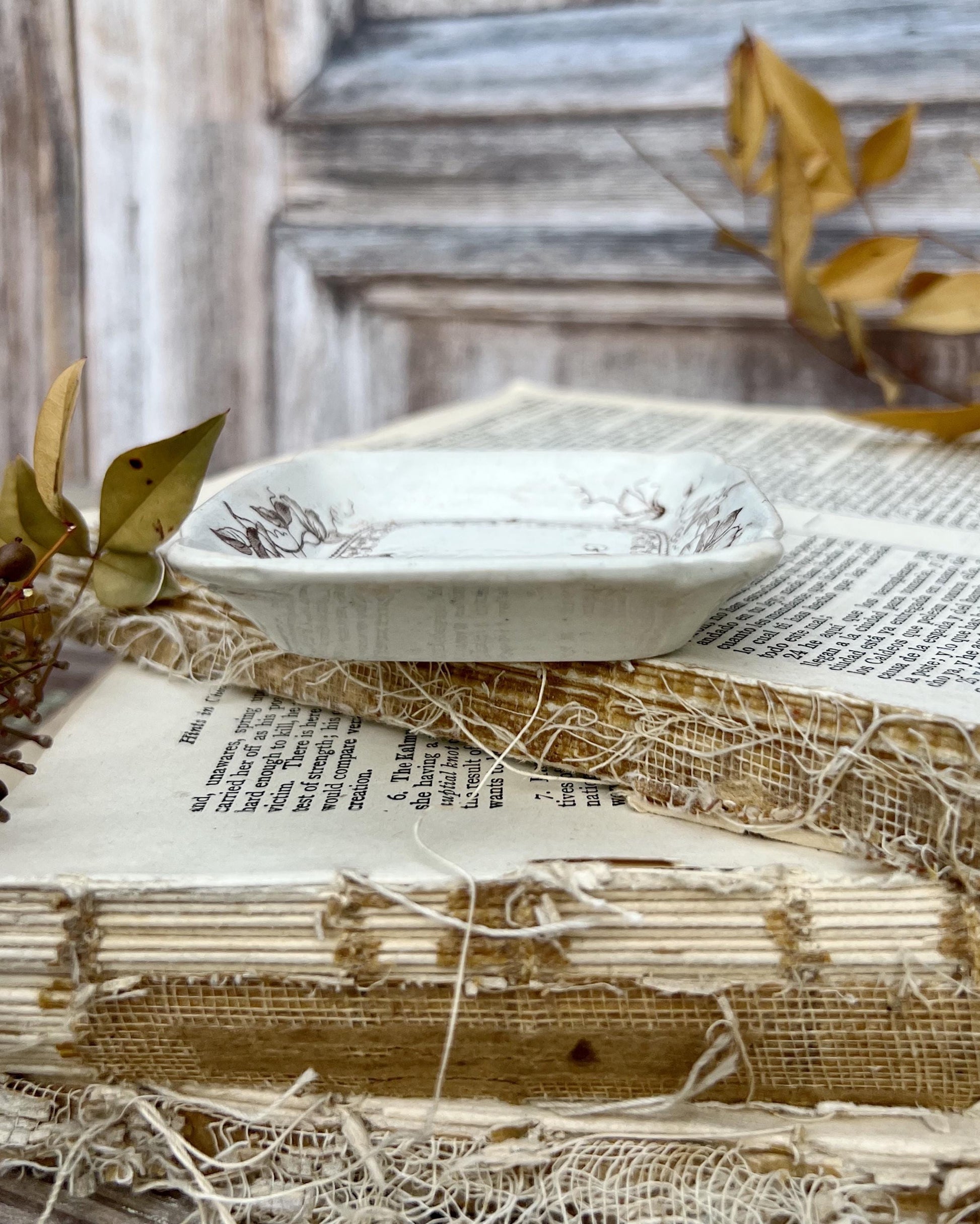 Antique SQUARE White Ironstone Butter Pat BROWN Transferware Floral Farmhouse Decor KENT