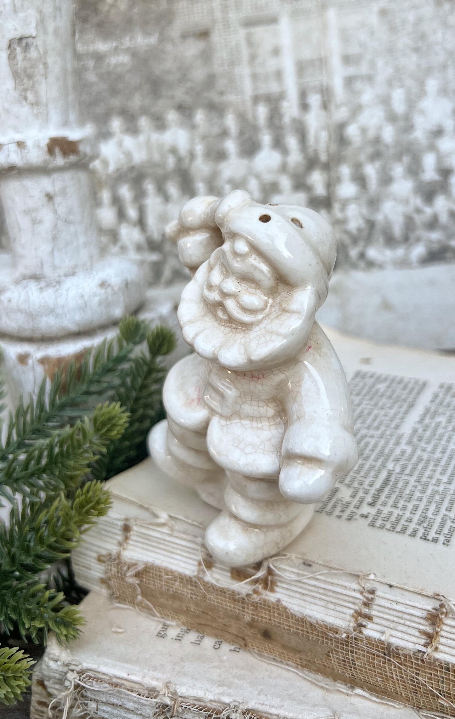 Vintage Ironstone Santa Claus with Candy Cane Salt Shaker Creamy WHITE Farmhouse Christmas Decor Stained Crazing