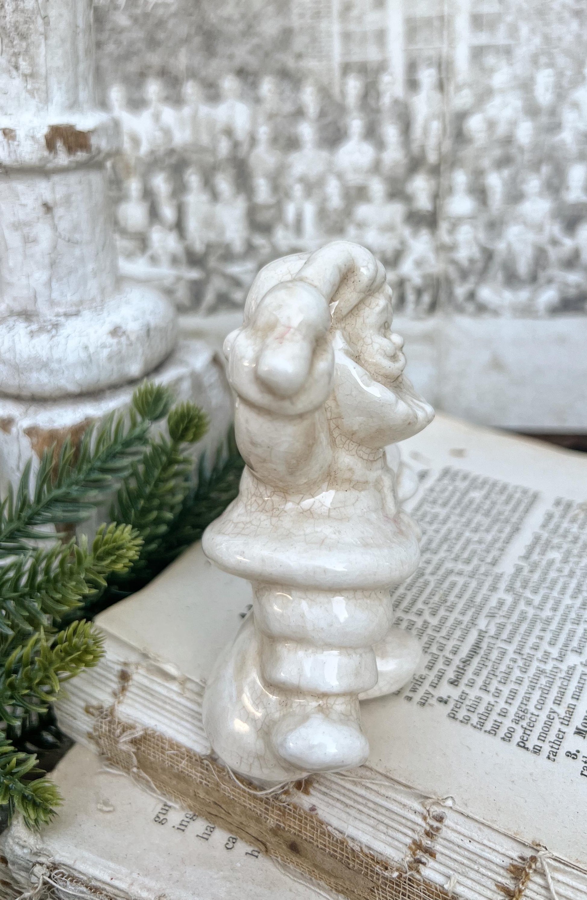 Vintage Ironstone Santa Claus with Candy Cane Salt Shaker Creamy WHITE Farmhouse Christmas Decor Stained Crazing