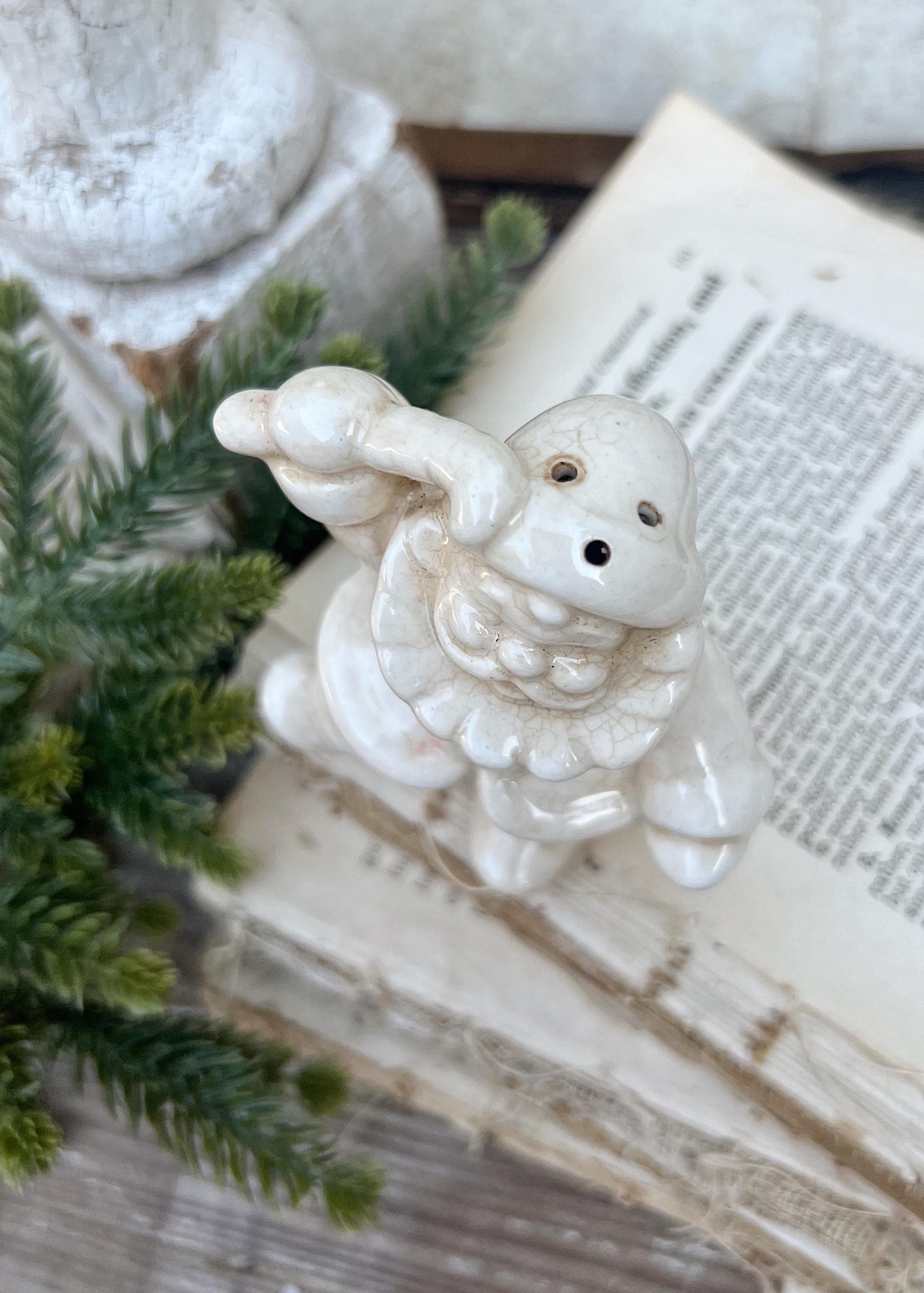 Vintage Ironstone Santa Claus with Candy Cane Salt Shaker Creamy WHITE Farmhouse Christmas Decor Stained Crazing